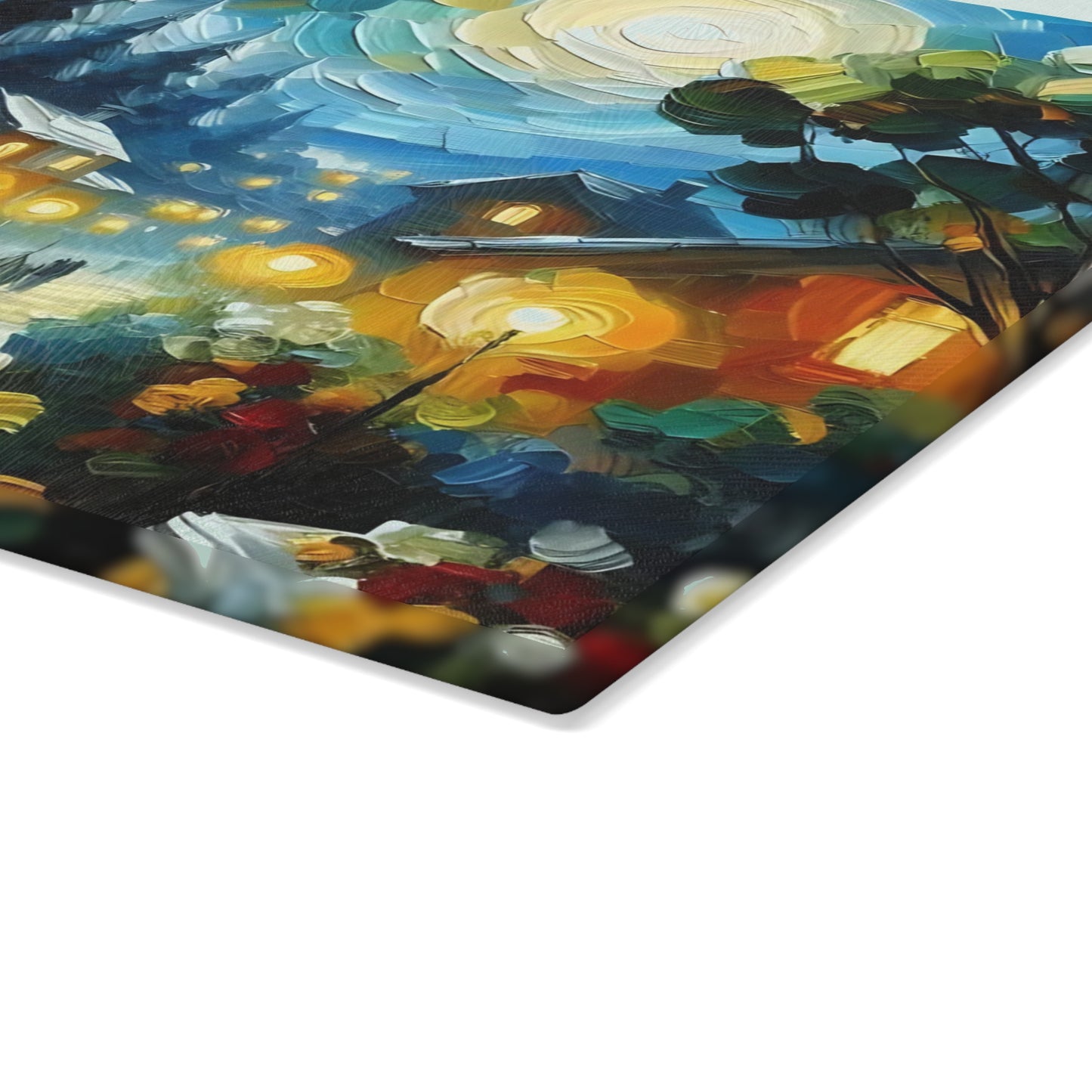 Cozy Moonlit Village Glass Cutting Board