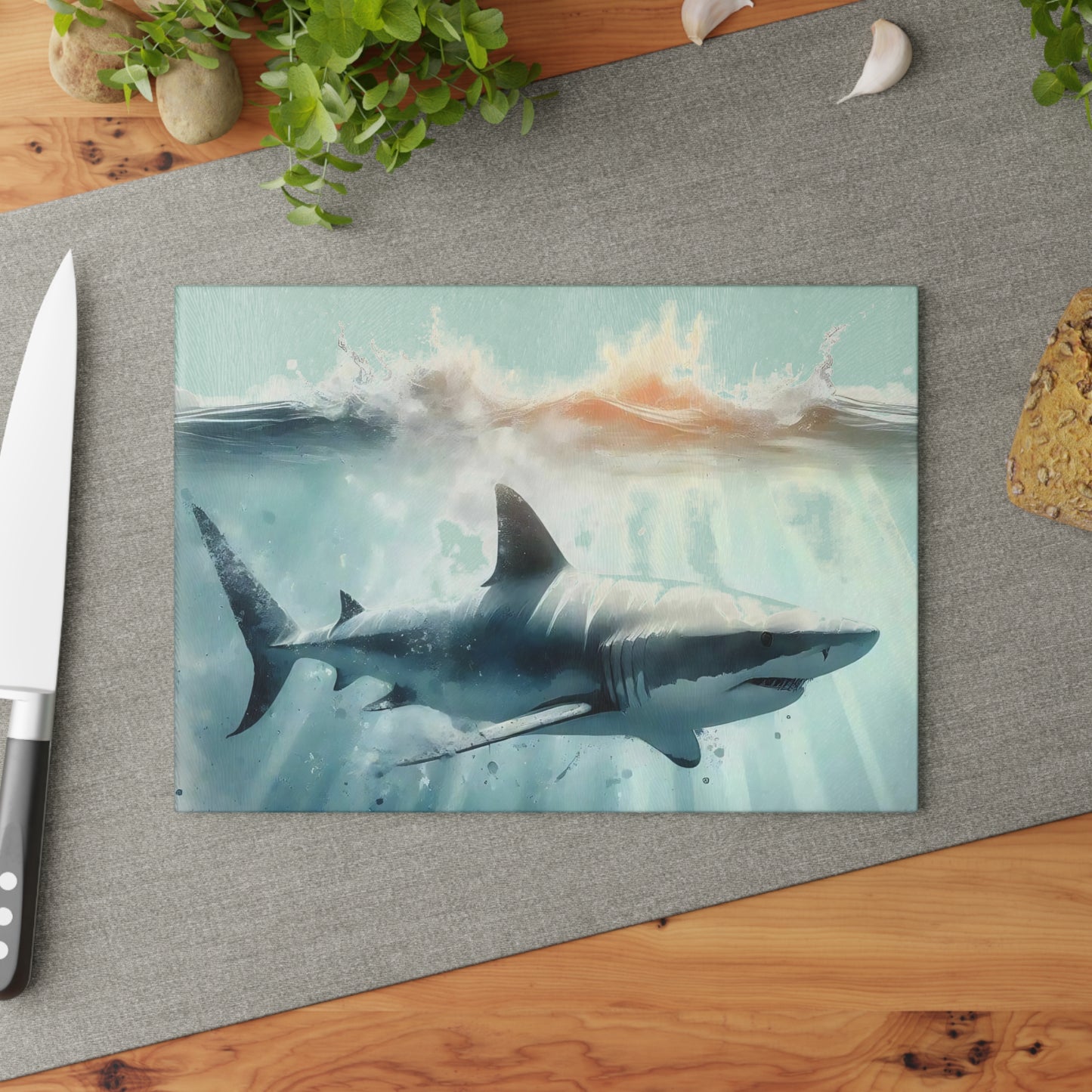 Decoración de cocina con tiburón, tabla de cortar con temática oceánica, idea de regalo con tiburón, regalo para amantes de los tiburones, regalo con temática de tiburón, tabla de cortar única