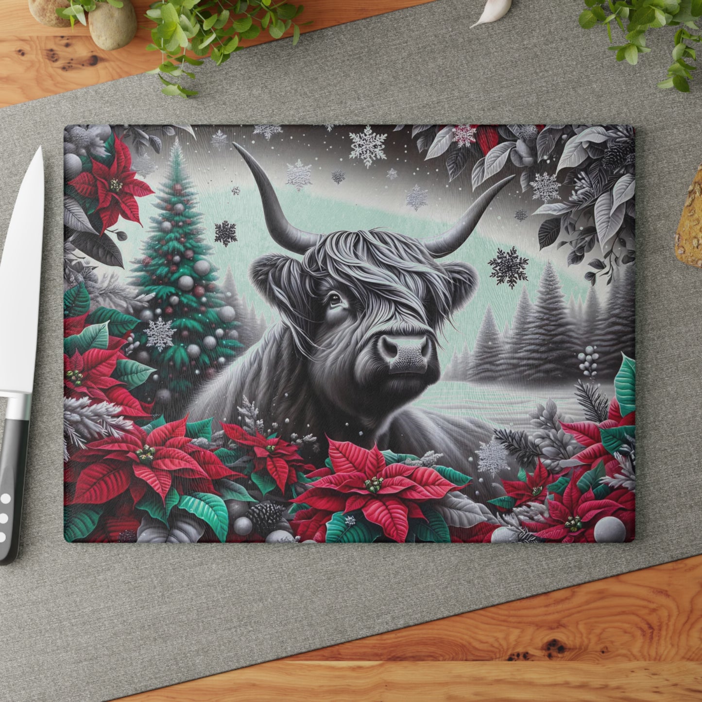🐮❄️ “Winter Highland Cow” Glass Cutting Board – Rustic Christmas Charm for Your Kitchen