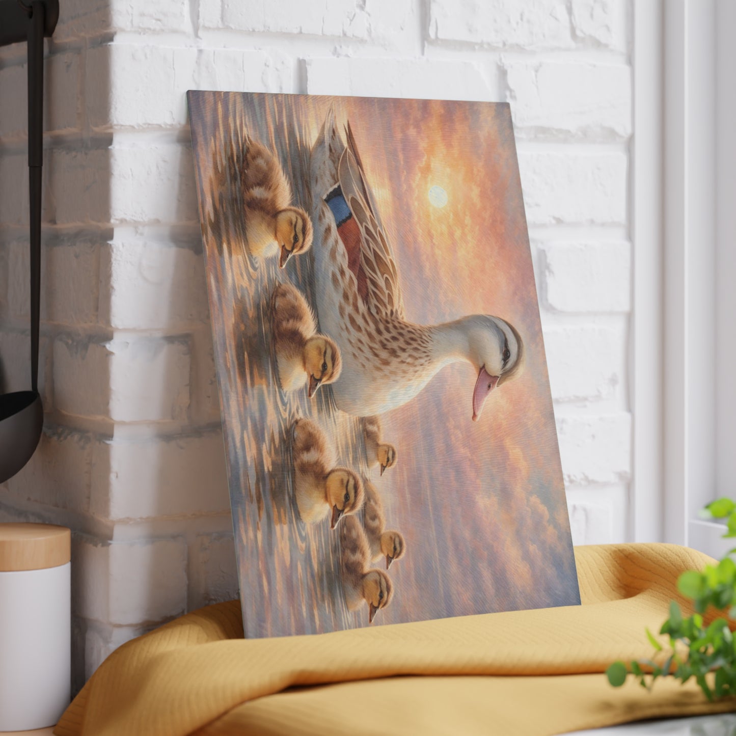 Duck Family Sunset Lake Glass Cutting Board – Peaceful Wildlife Nature Kitchen Art