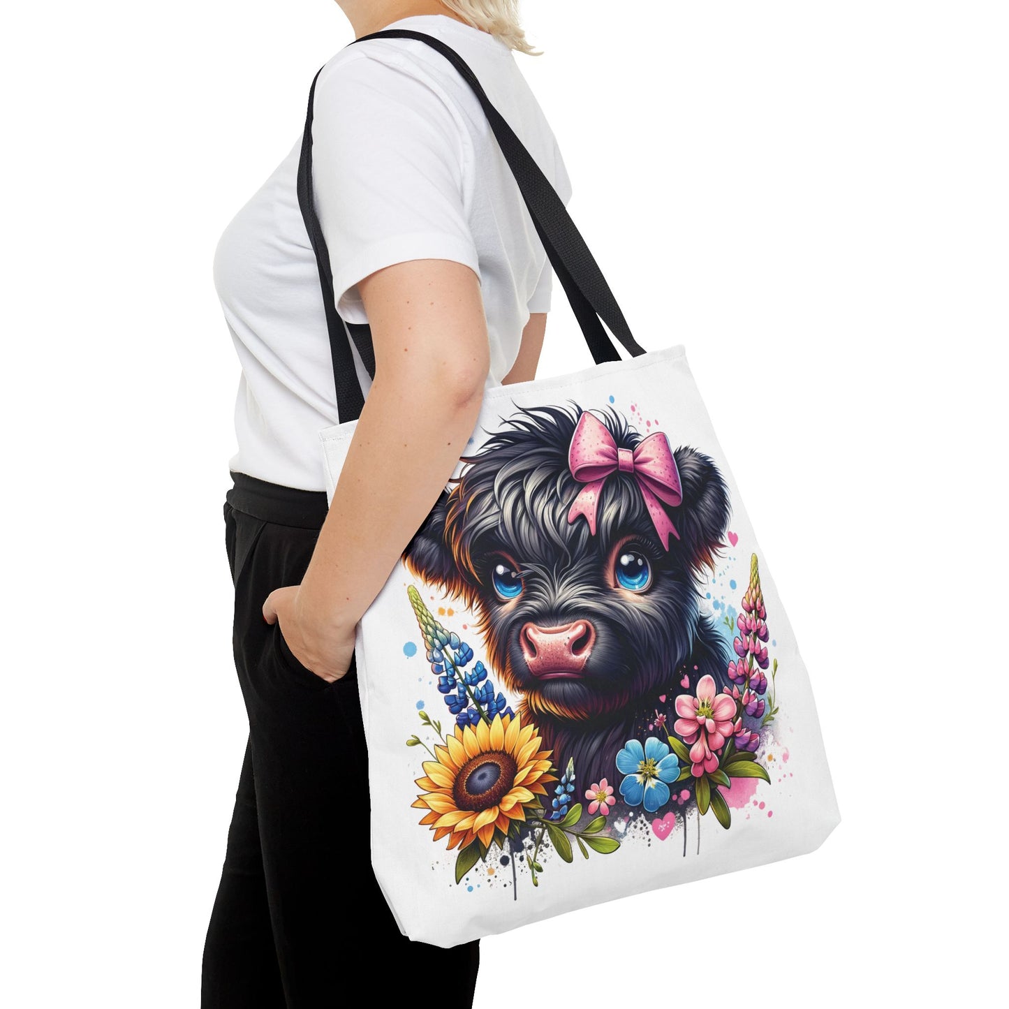🌸 Black Highland Calf Floral Tote Bag – Sweet Style for Every Age 🐮👜