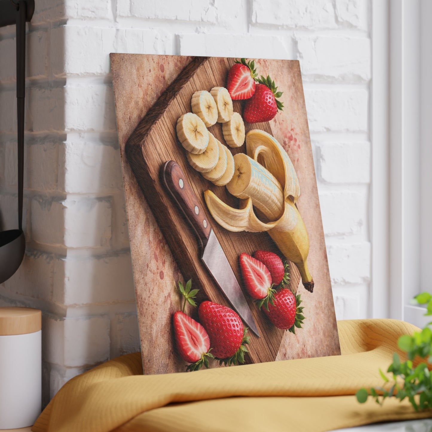 Banana and Strawberry Kitchen Art Glass Cutting Board – Rustic Breakfast Inspired Design