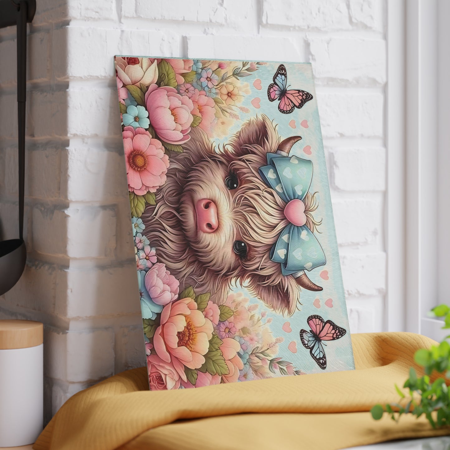 Highland Cow Glass Cutting Board with Bow, Flowers & Butterflies