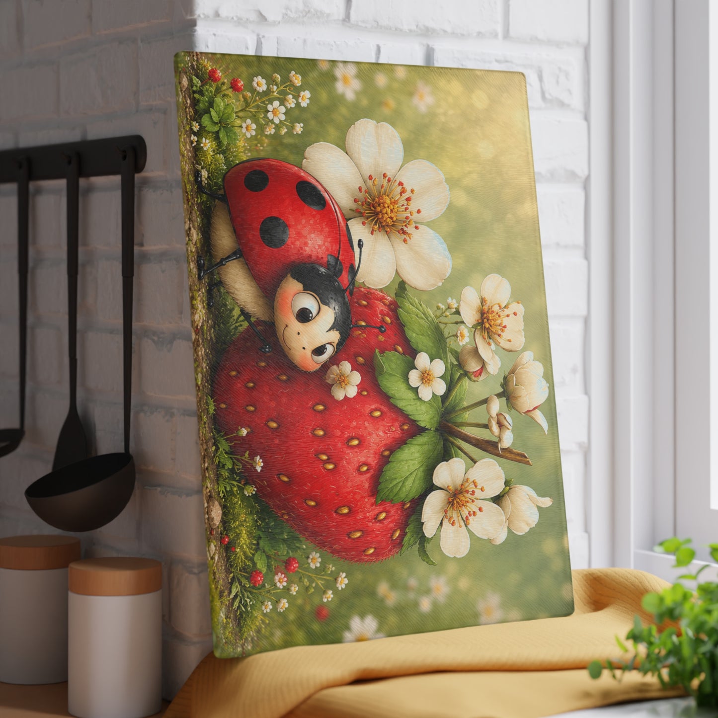Ladybug & Strawberry Glass Cutting Board – Whimsical Garden Artwork with Sweet Spring Charm