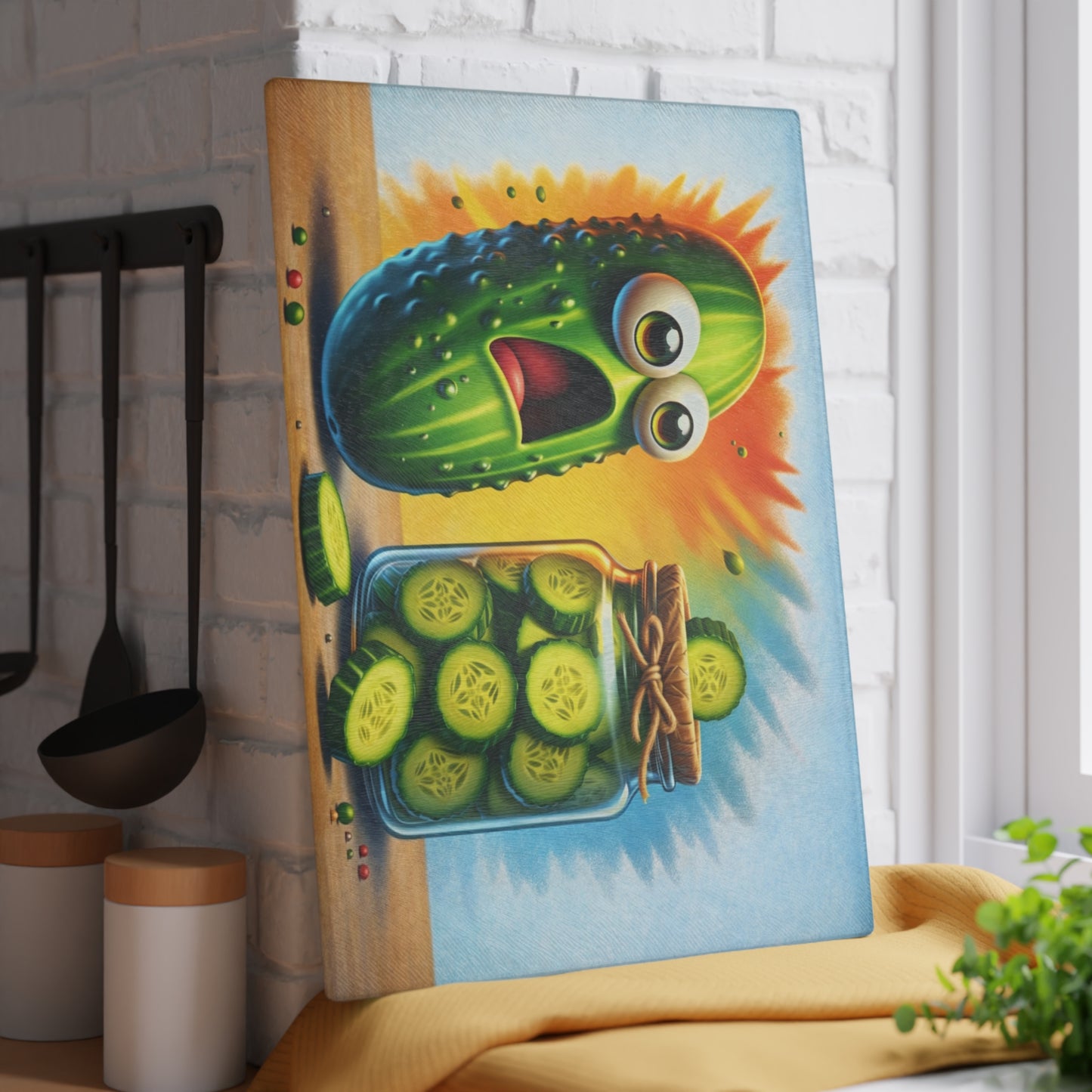 Pickled Shock Glass Cutting Board – Funny Pickle Kitchen Art with Surprised Expression