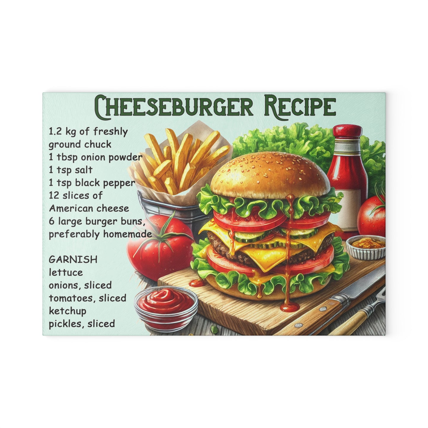 🍔 Cheeseburger Recipe – Gourmet Burger Lovers Glass Cutting Board