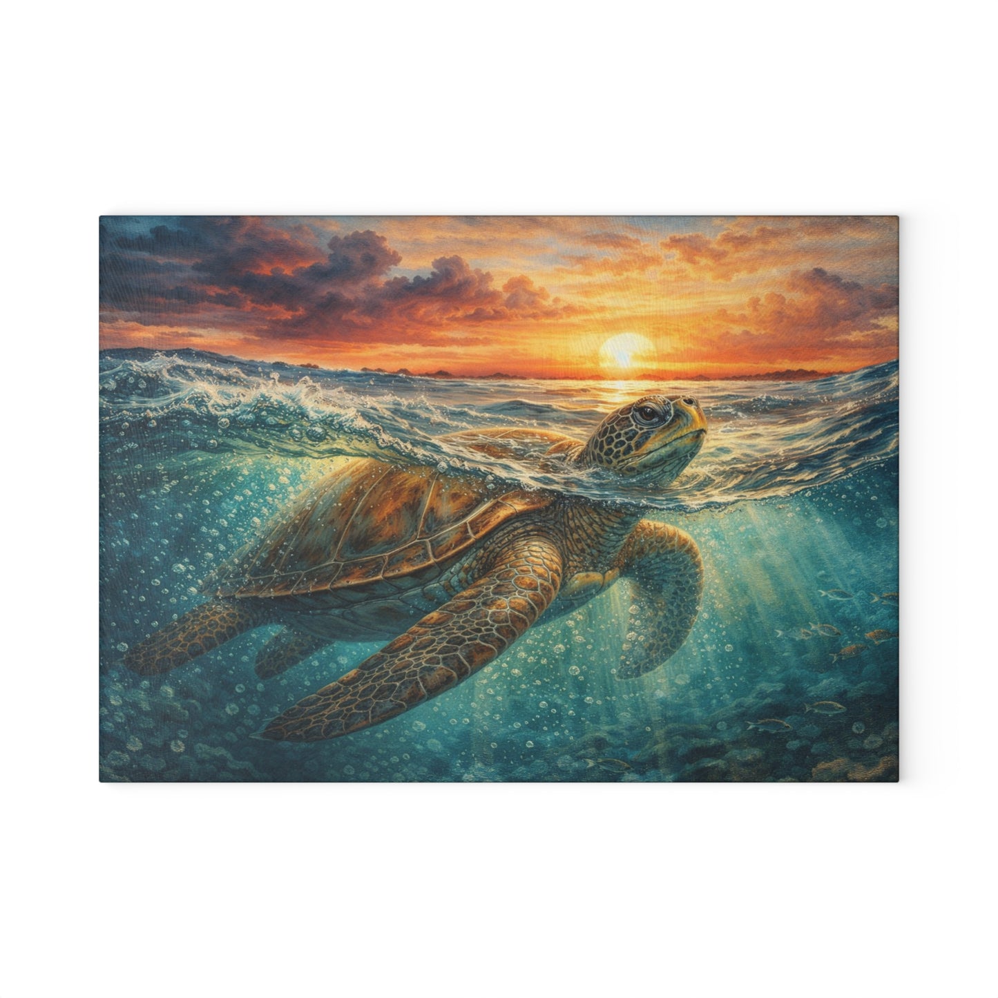 Sea Turtle Sunset Glass Cutting Board – Coastal Ocean Wildlife Kitchen Decor