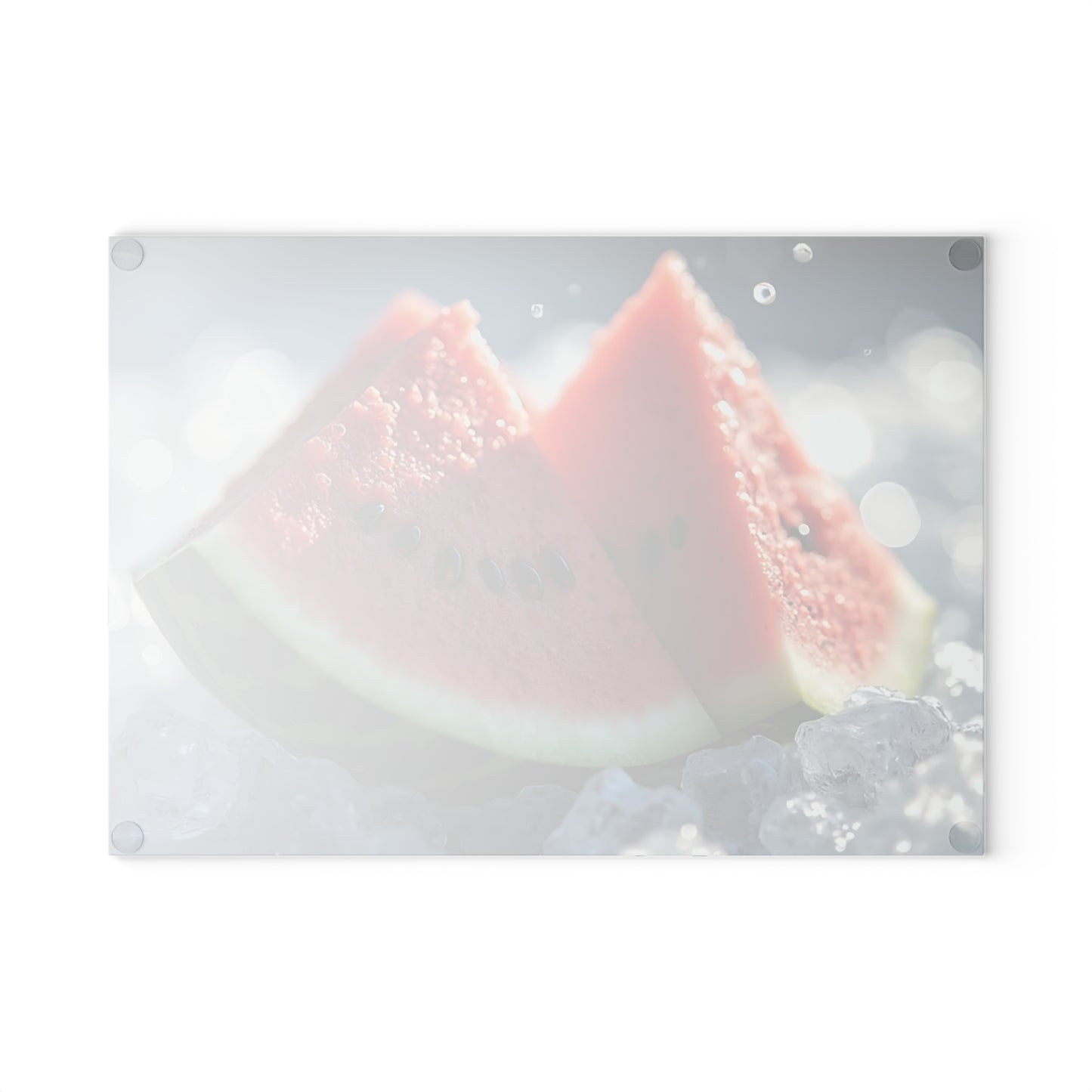 Tabla de cortar de vidrio con rodajas de sandía sobre hielo: una refrescante decoración de cocina de verano, un vibrante regalo con temática frutal.
