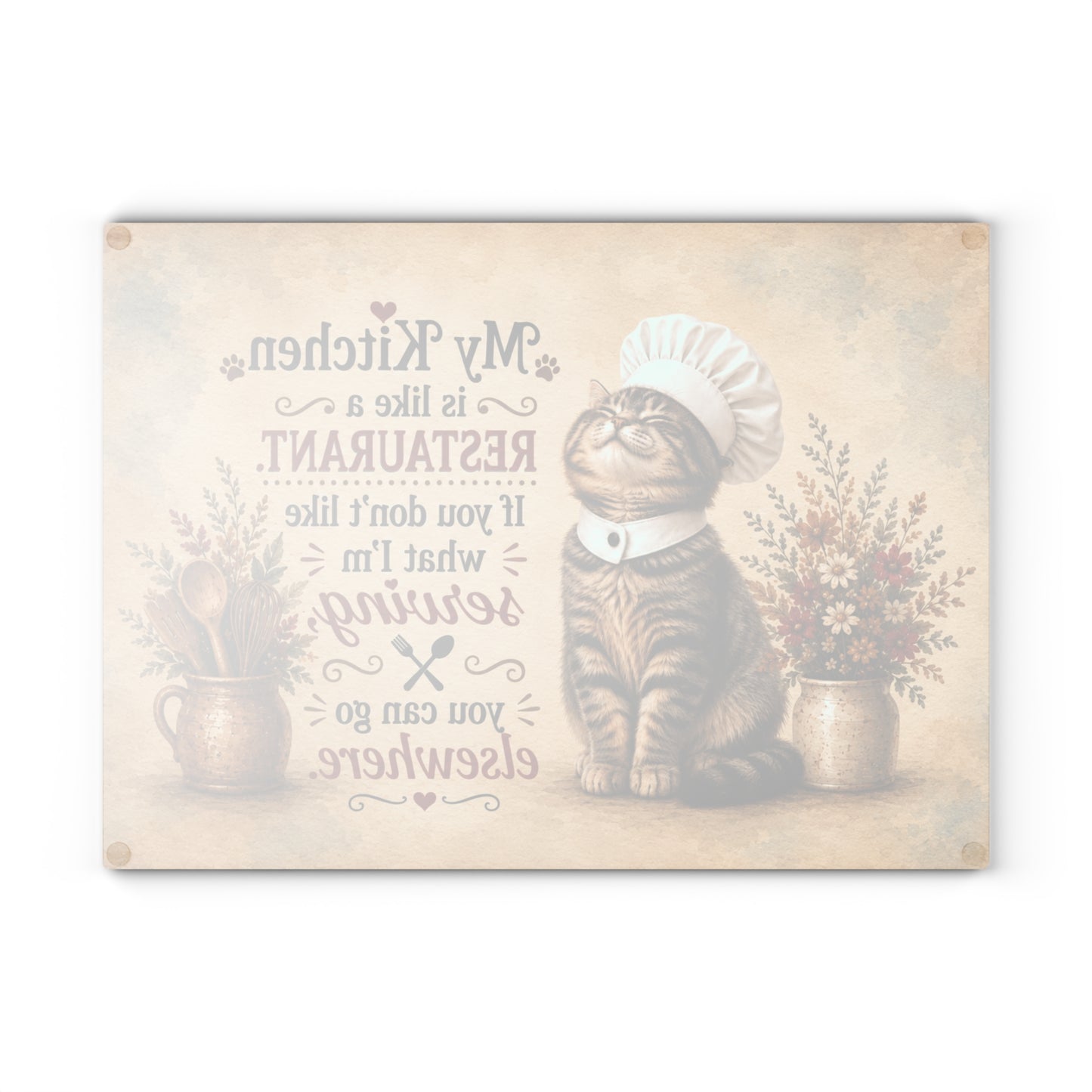 My Kitchen Is Like a Restaurant Glass Cutting Board – Funny Chef Cat Kitchen Decor with Humorous Quote