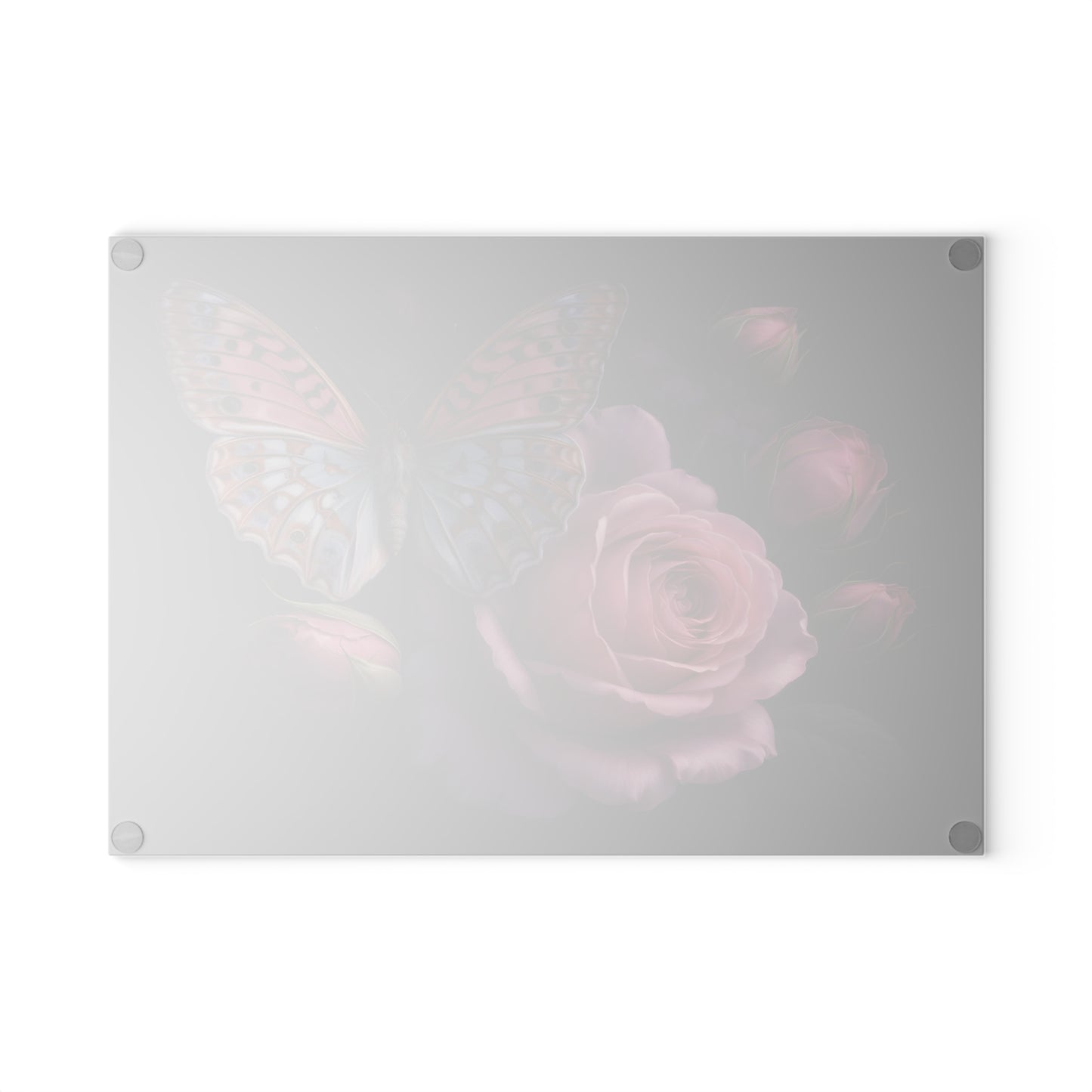 Pink Rose & Butterfly Glass Cutting Board – Elegant Dark Floral Nature Kitchen Décor