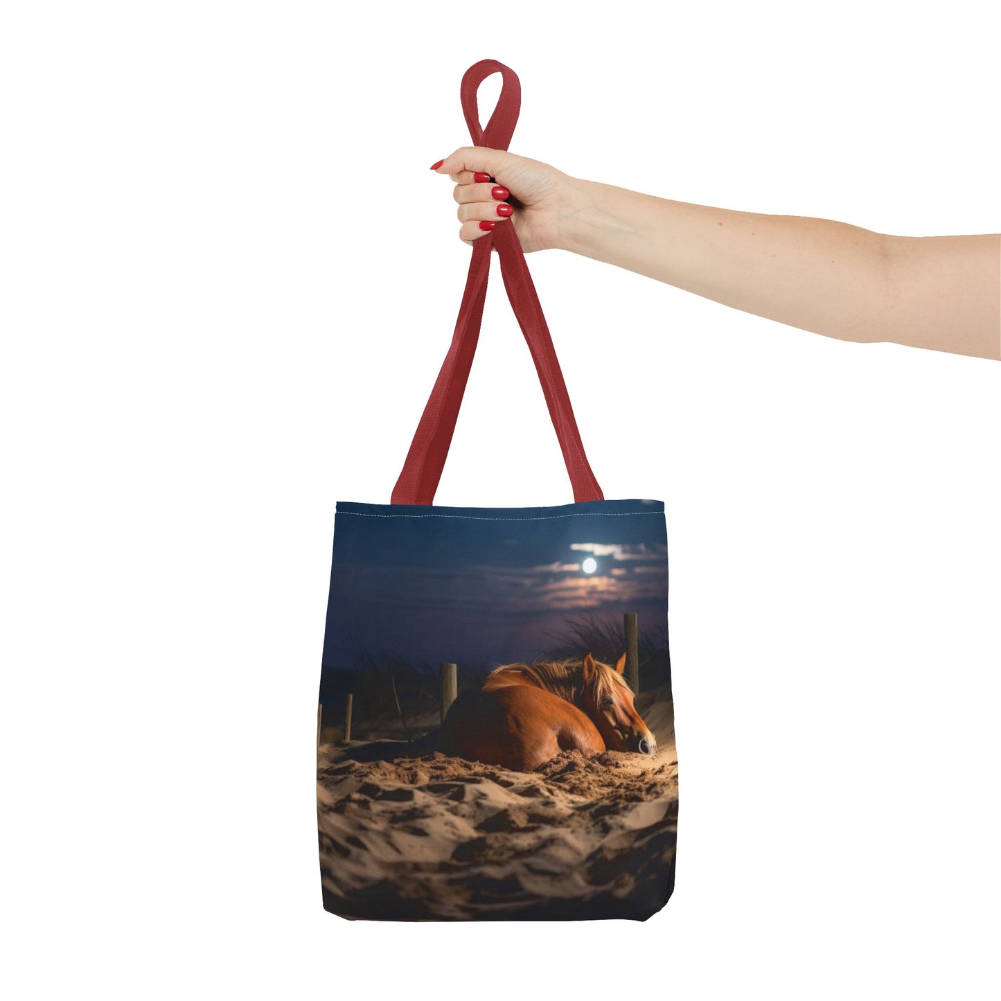 Bolsa de tela "Caballo durmiendo en la playa bajo la luz de la luna": una escapada serena a cada paso