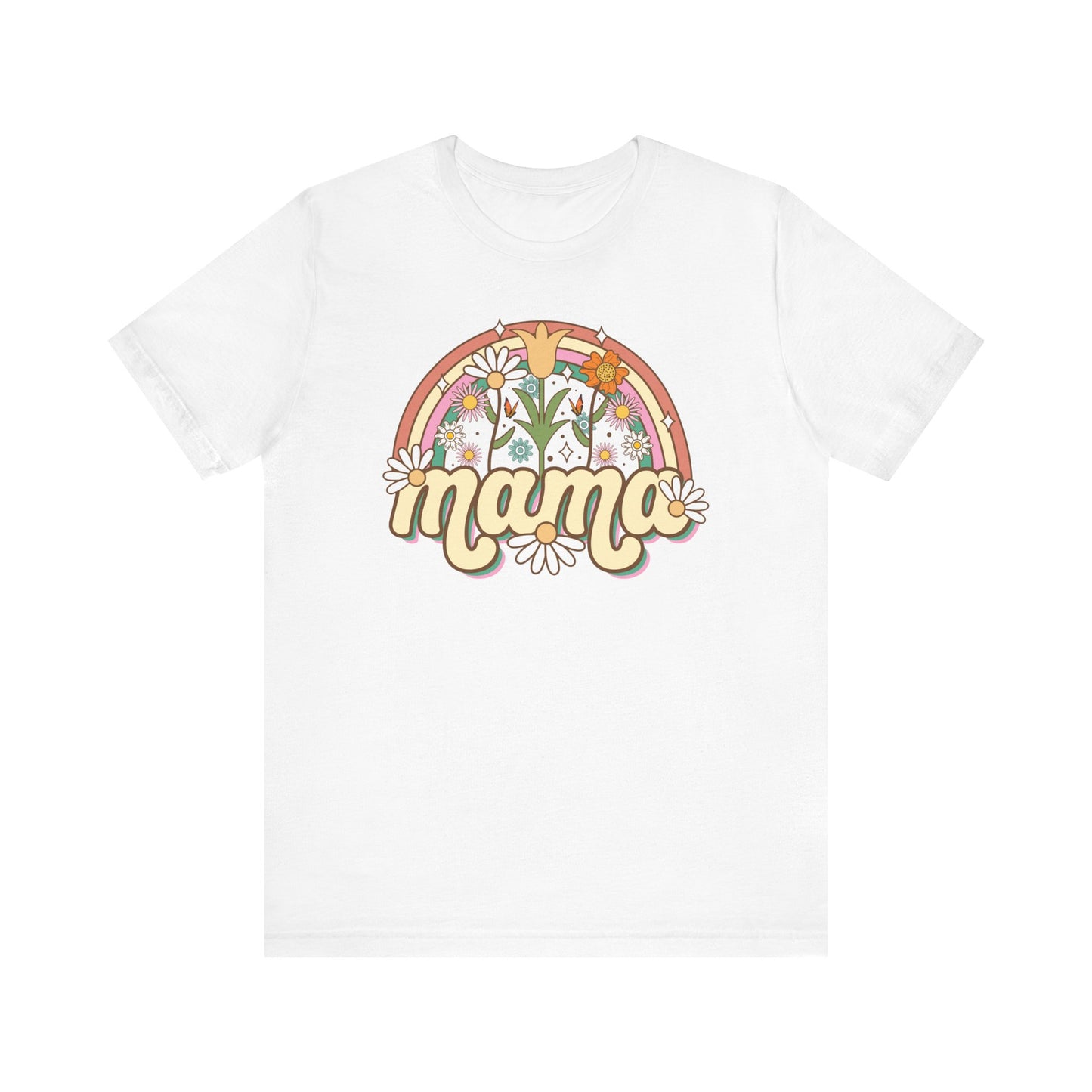 🌼🌈 Retro Floral Mama T-Shirt – Boho Rainbow Graphic Tee for Moms 🌻✨