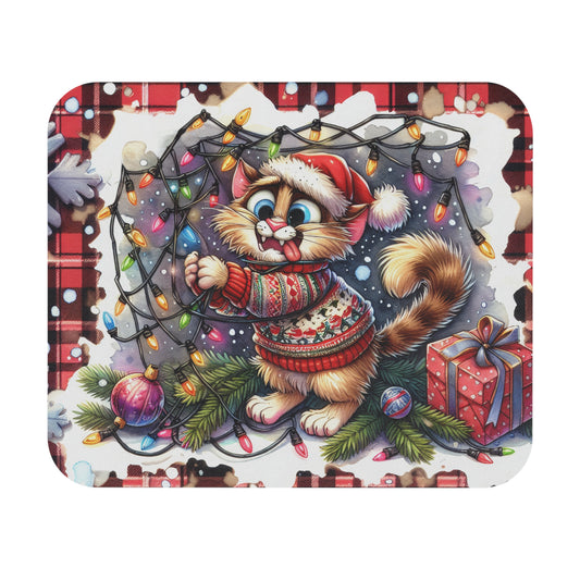 🖱️🎄🐱 Tangled Lights Christmas Cat Mouse Pad – Festive Plaid & Cozy Cheer