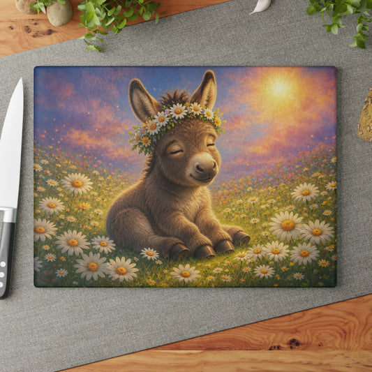 Baby Donkey in Daisy Field Glass Cutting Board – Adorable Farm Animal Kitchen Decor with Floral Meadow Artwork
