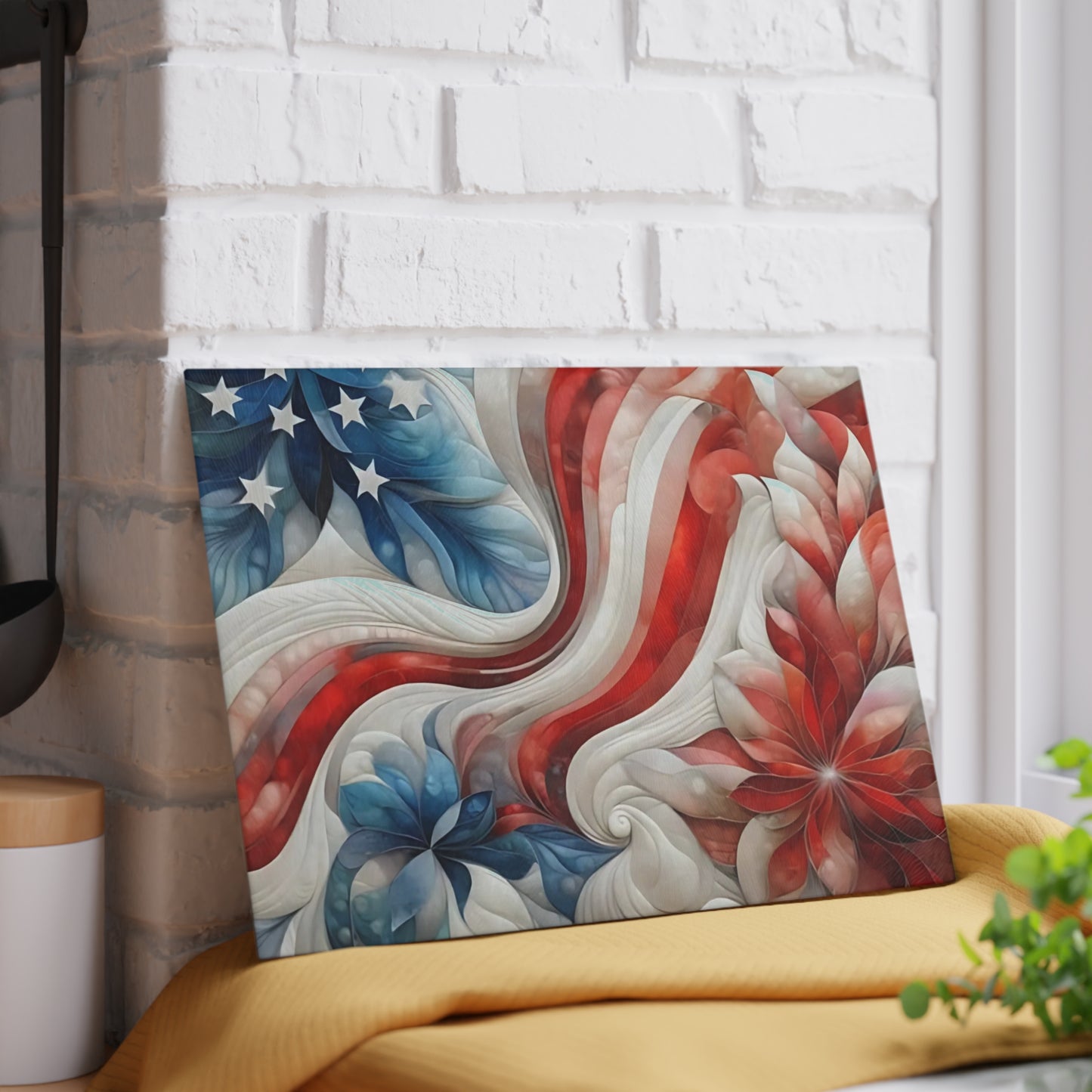 4th of July Quilt looking Glass Cutting Board – Patriotic Charm Meets Function