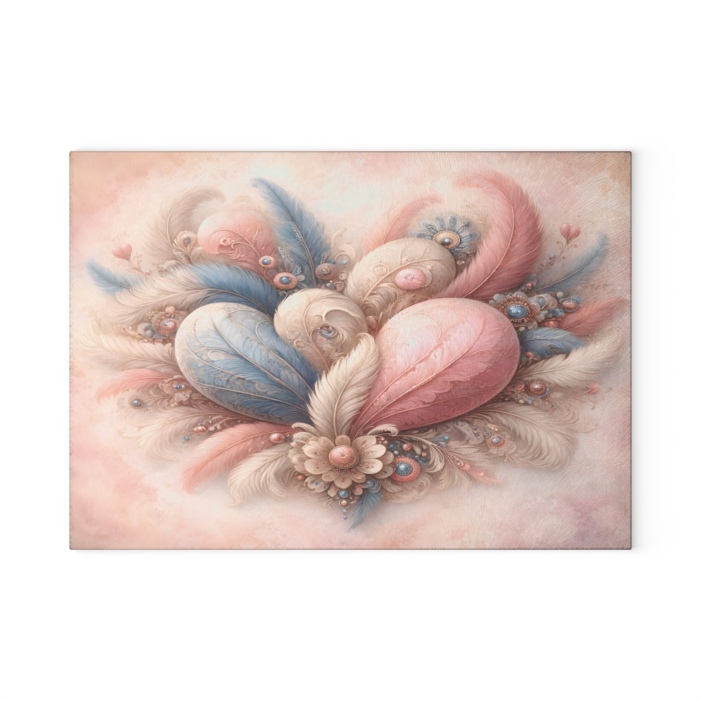 Pastel Feather Heart Glass Cutting Board – Elegant Romantic Art Kitchen Decor