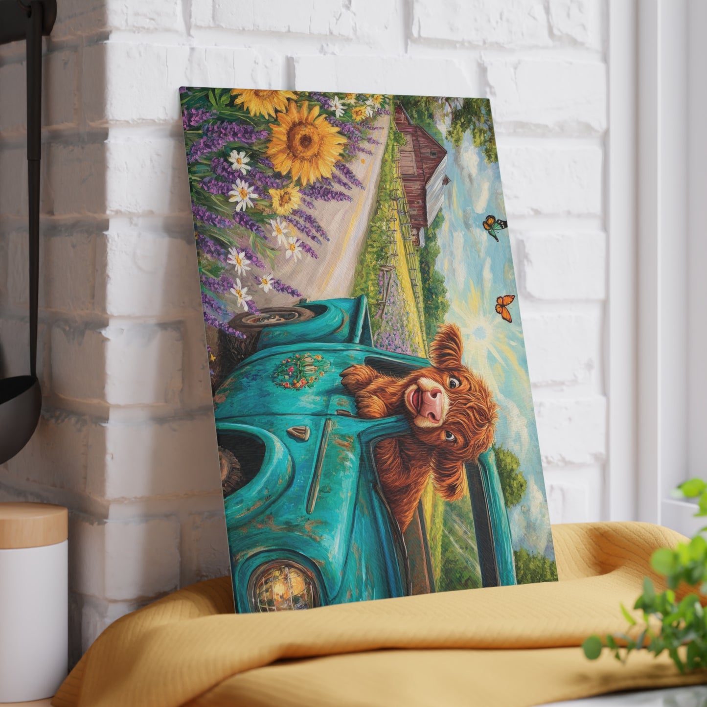 🚚🌼 Excited Baby Highland Cow in Old Truck Glass Cutting Board – Farm Road Joyride with Sunflowers & Barn 🐮🌻