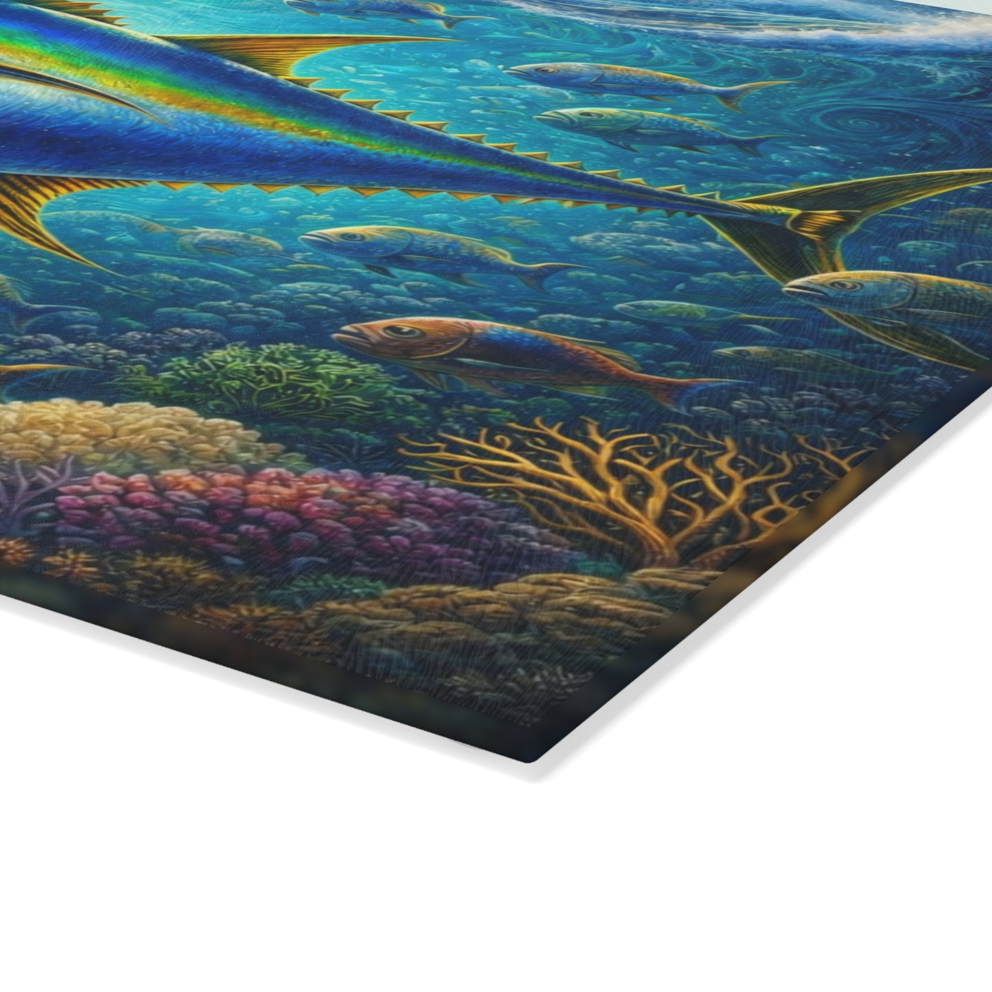 Majestic Ocean Current Fish Glass Cutting Board – Vivid Underwater Reef Artwork