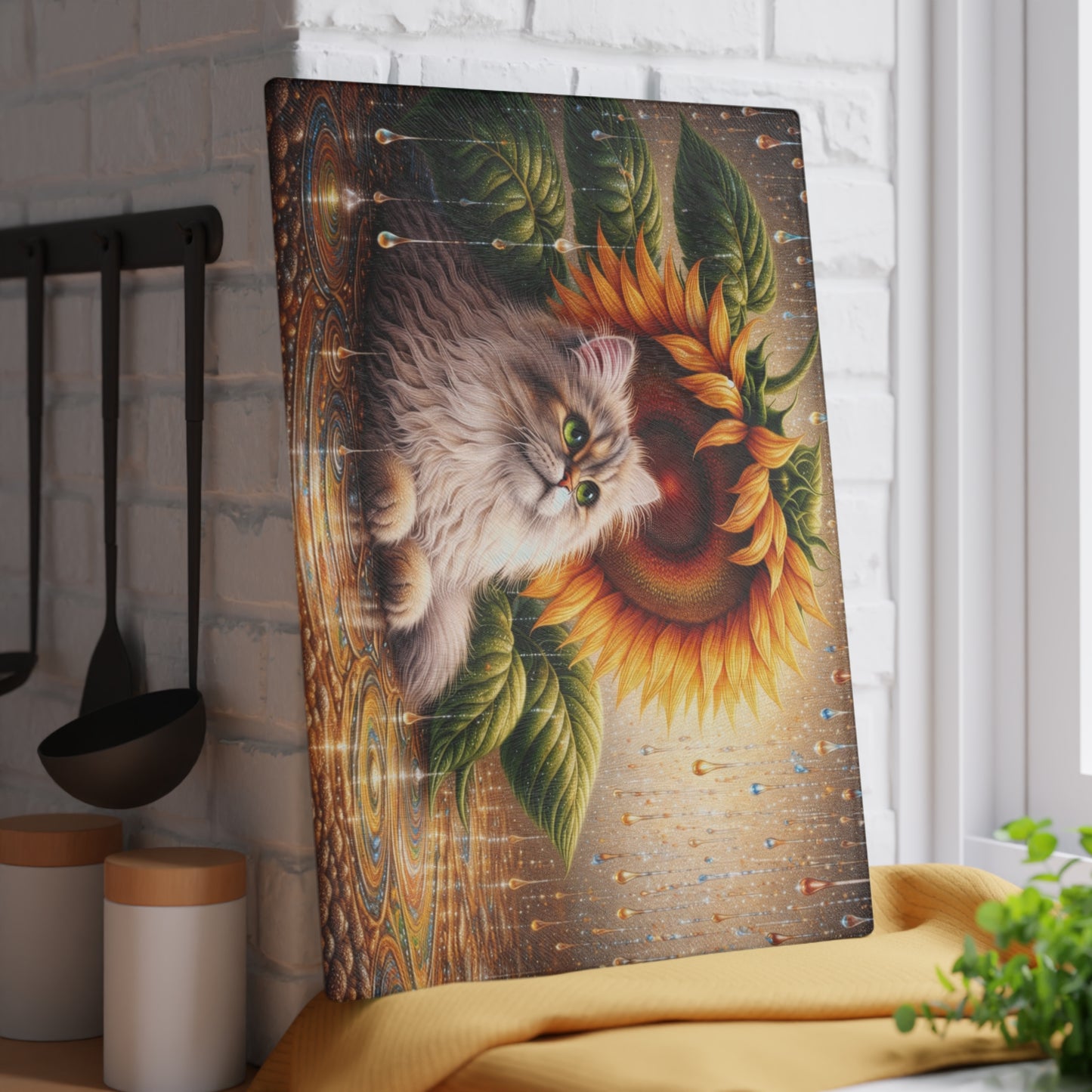 Sunflower Rain Cat Glass Cutting Board – Whimsical Floral Cat Kitchen Art & Display Board