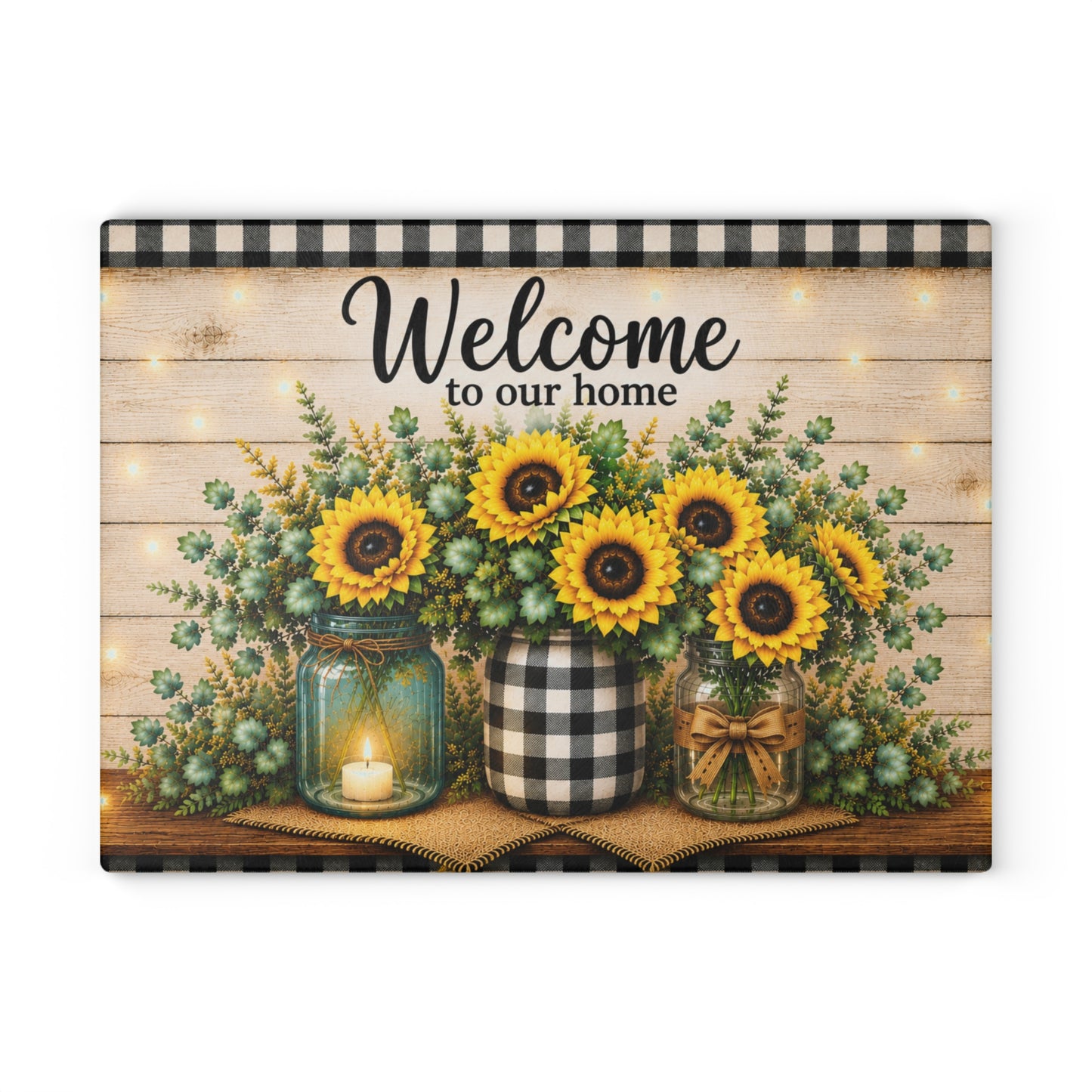Sunflower Welcome Glass Cutting Board – Farmhouse Buffalo Plaid Kitchen Decor