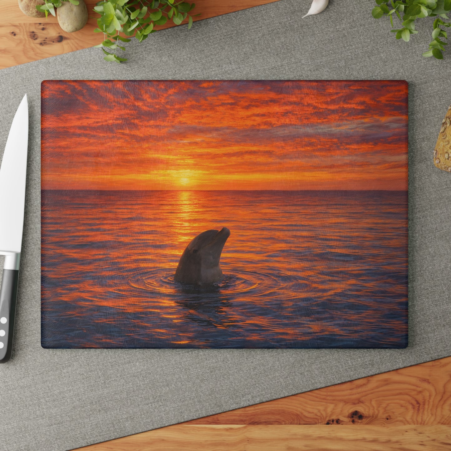 Dolphin Sunset Glass Cutting Board – Ocean Serenity Coastal Kitchen Decor