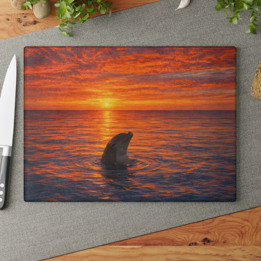 Dolphin Sunset Glass Cutting Board – Ocean Serenity Coastal Kitchen Decor