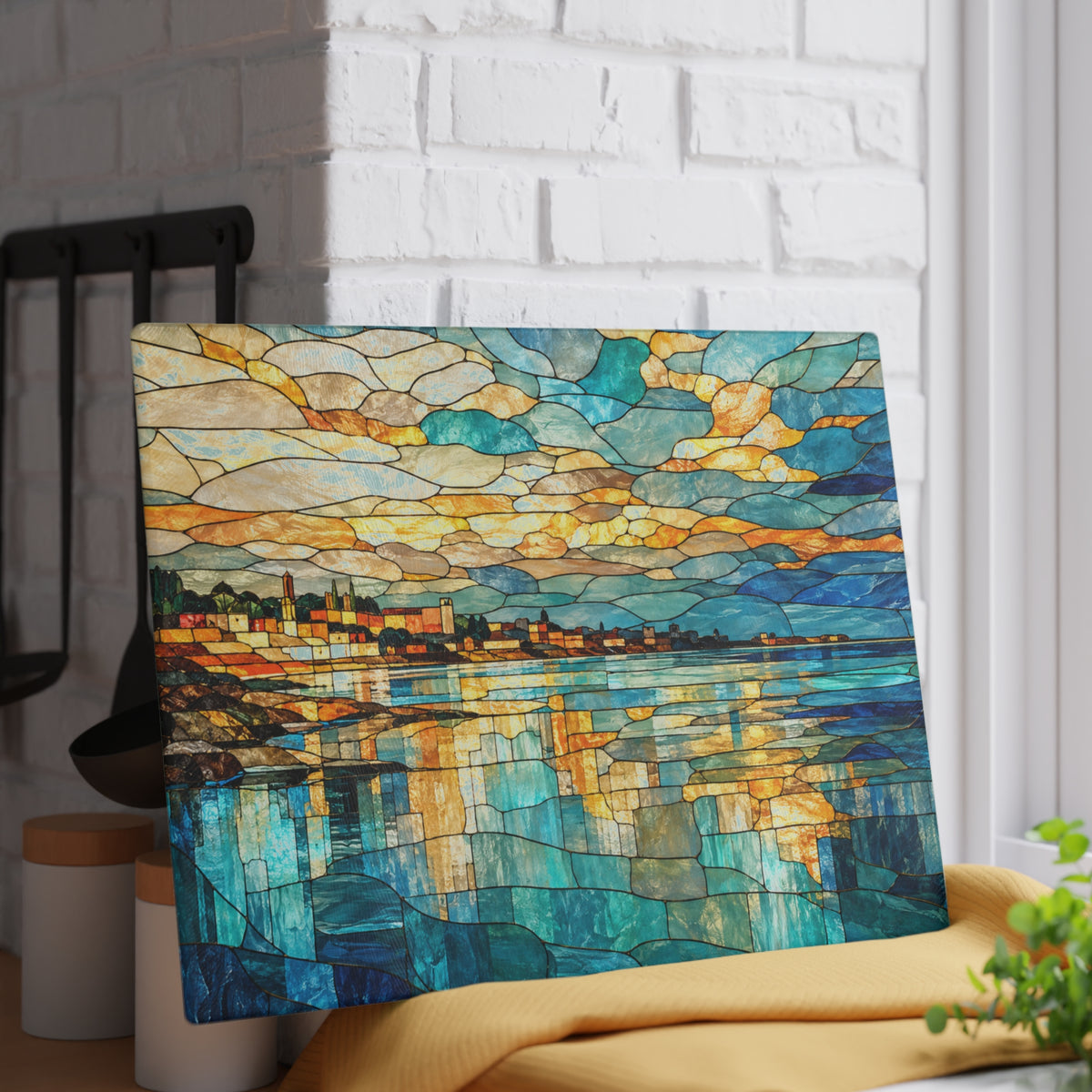 Coastal Waterfront Stained-Glass-Inspired Glass Cutting Board – Ocean Kitchen Decor