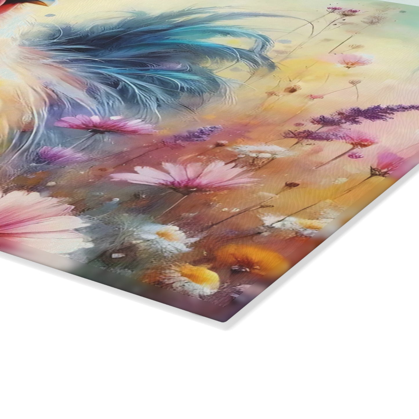 🌸🐔 Chicken in a Field of Wildflowers Glass Cutting Board – Serene & Charming Kitchen Accent
