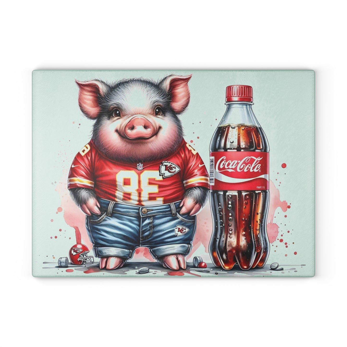 Tabla de cortar de vidrio con diseño de cerdo Jersey rojo y amarillo: arte de cocina audaz con actitud sureña