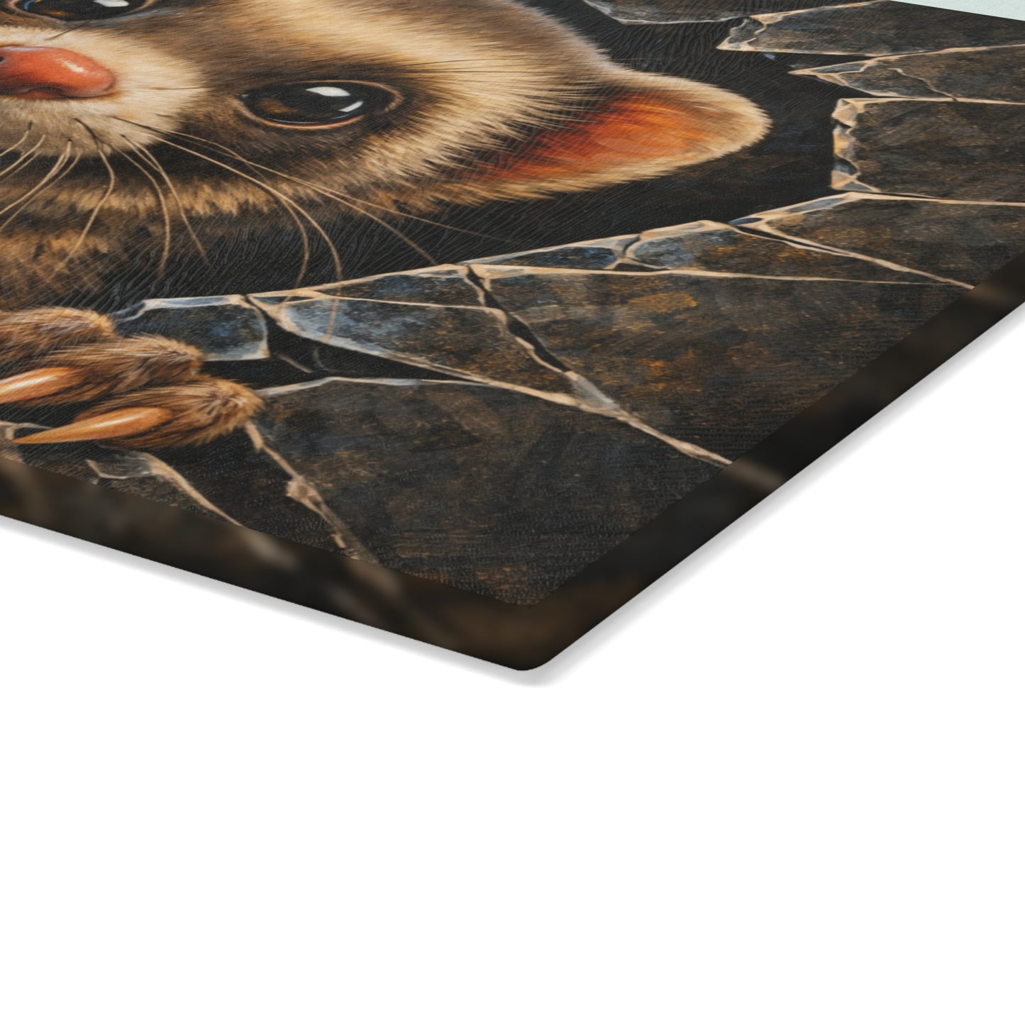 Ferret Breaking Through Wall Glass Cutting Board – Playful Wildlife Peek Artwork