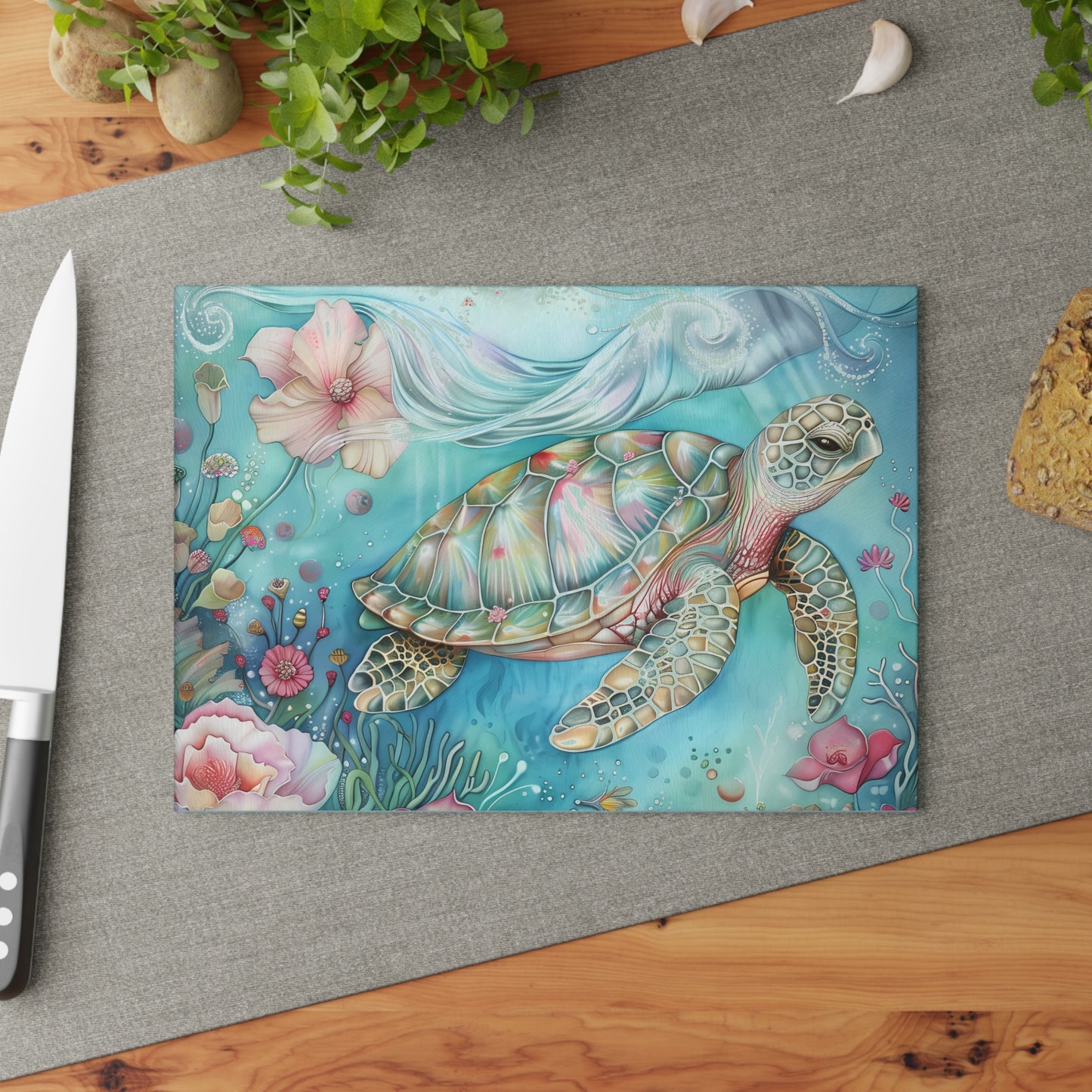 🌊🌸 Escena floral submarina de tortugas marinas coloridas – Tabla de cortar de vidrio