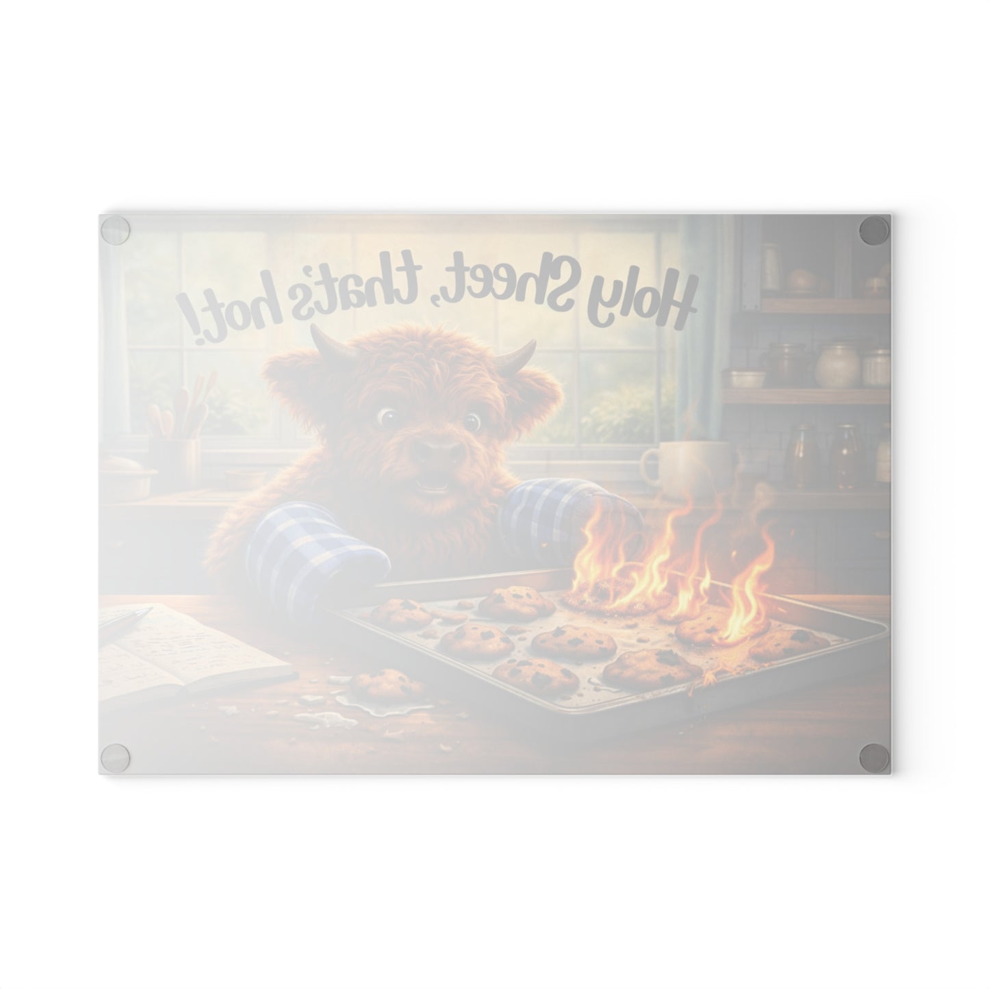 Holy Sheet, That’s Hot! Glass Cutting Board – Funny Highland Cow Baking Art