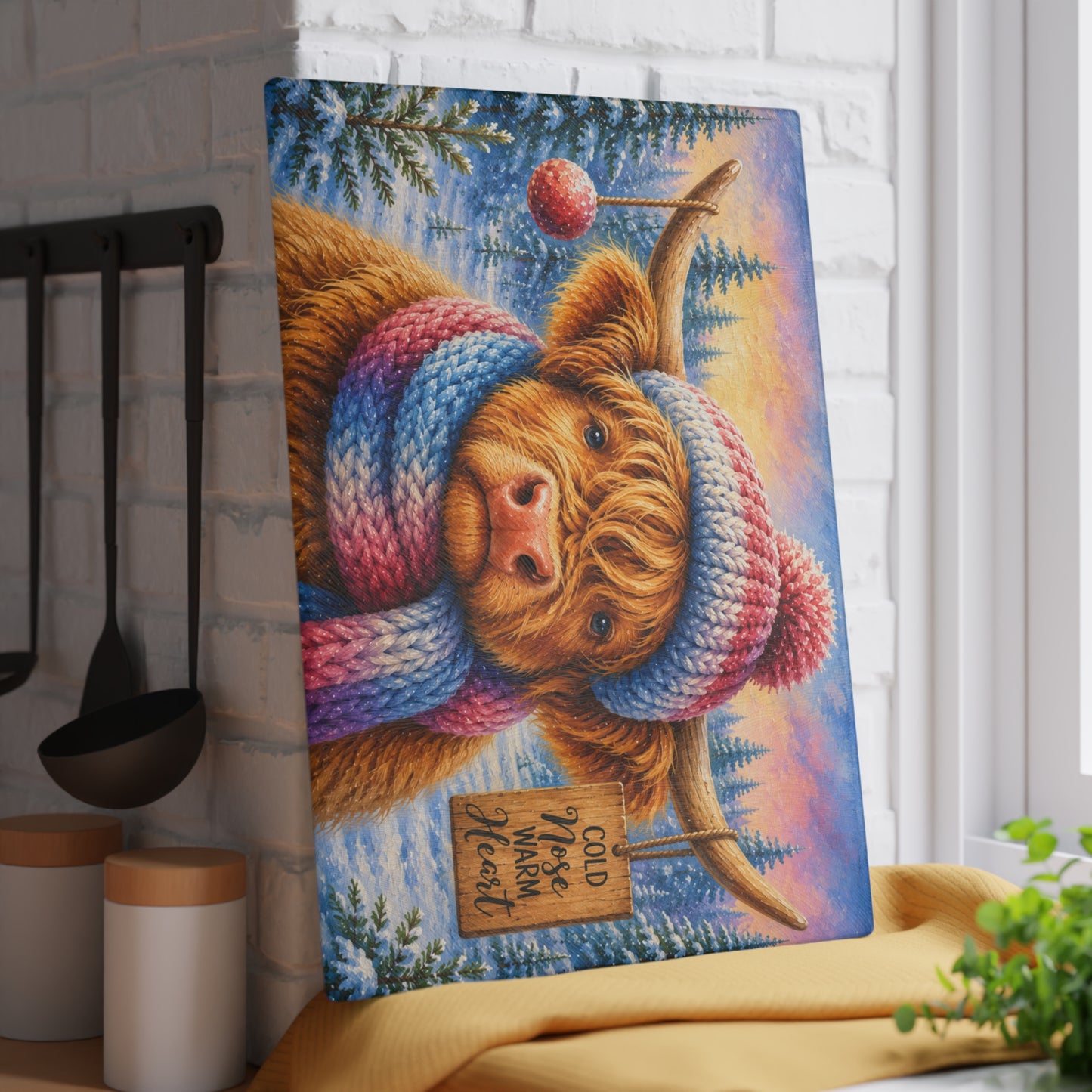 Cold Nose Warm Heart Highland Cow Glass Cutting Board – Cozy Winter Cow Kitchen Decor