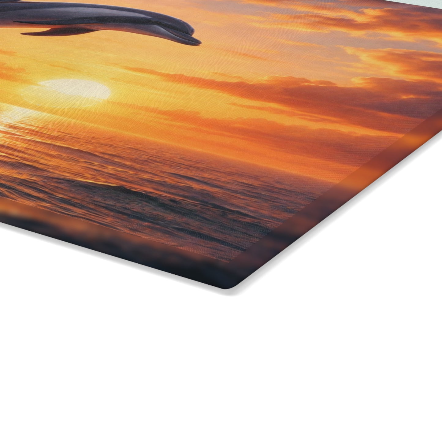 Dolphins at Sunset Glass Cutting Board – Peaceful Ocean Artwork with Golden Horizon