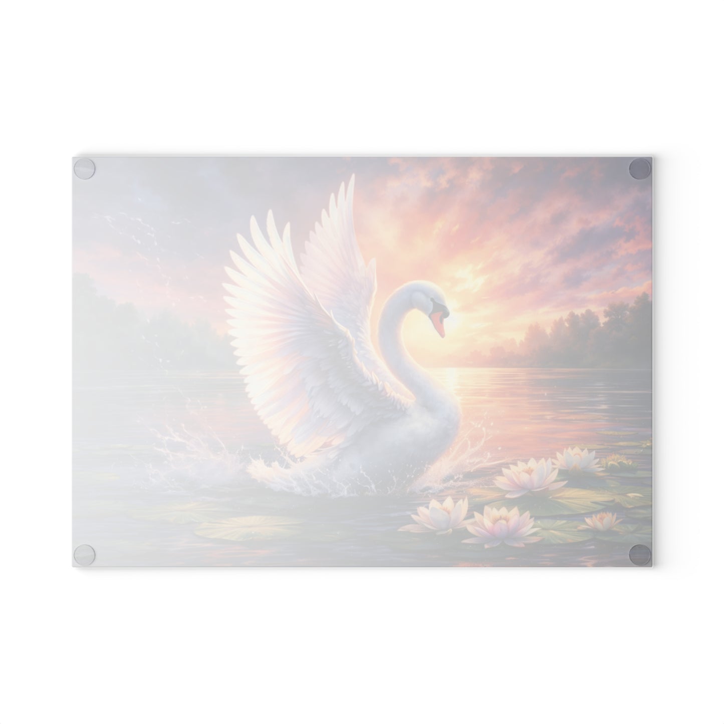 Graceful Swan Sunset Glass Cutting Board – Elegant Lake Nature Kitchen Art