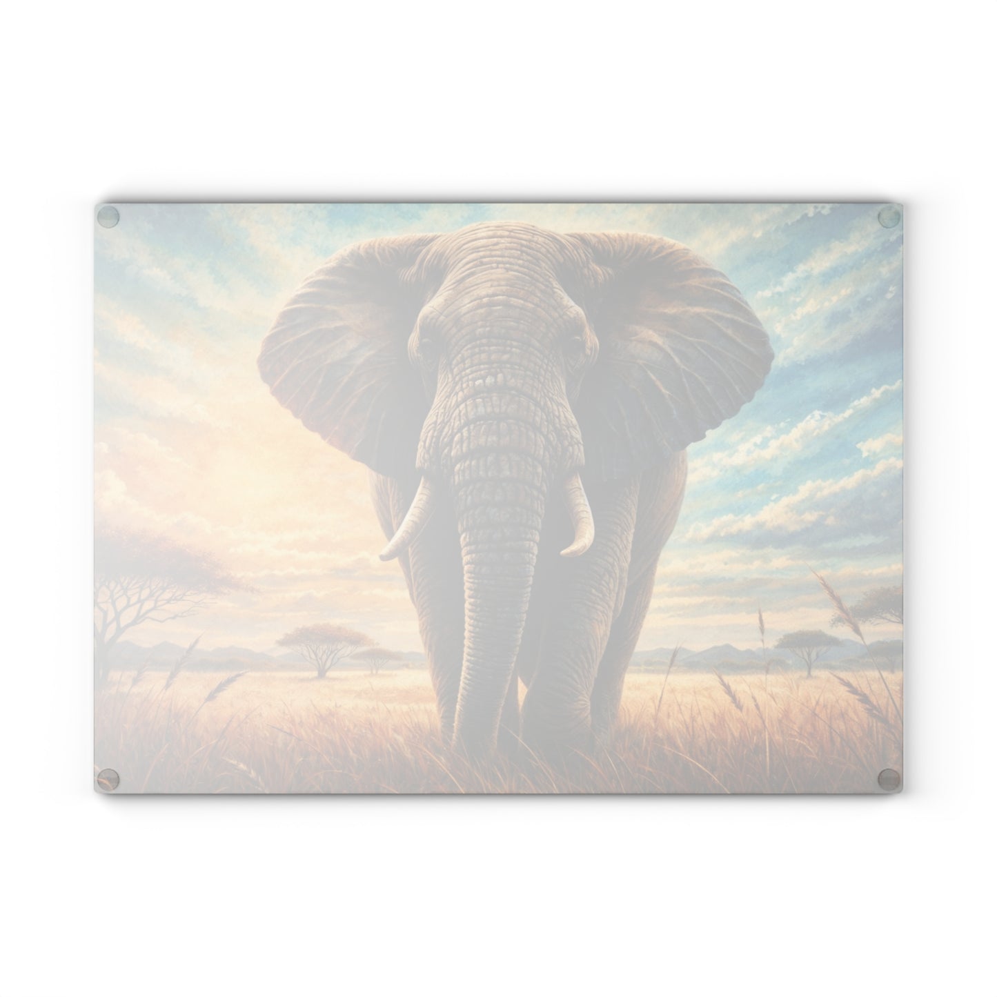 Savanna Guardian Elephant Glass Cutting Board – Dramatic Wildlife Sunset Kitchen Art
