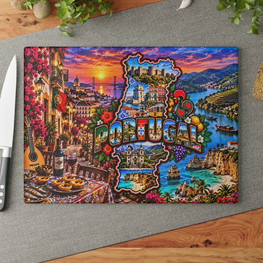 Portugal Map Cutting Board – Colorful Portuguese Landmarks, Lisbon Streets, Douro Valley, Algarve Coast & Cultural Kitchen Décor