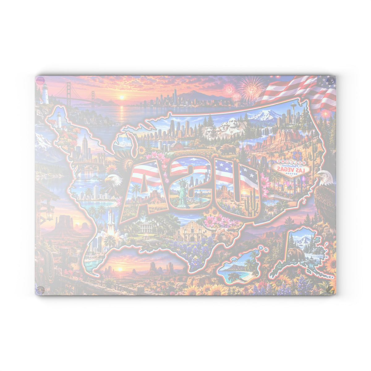 USA Map Cutting Board – Colorful American Landmarks, Patriotic Flag, National Parks & Scenic United States Kitchen Décor
