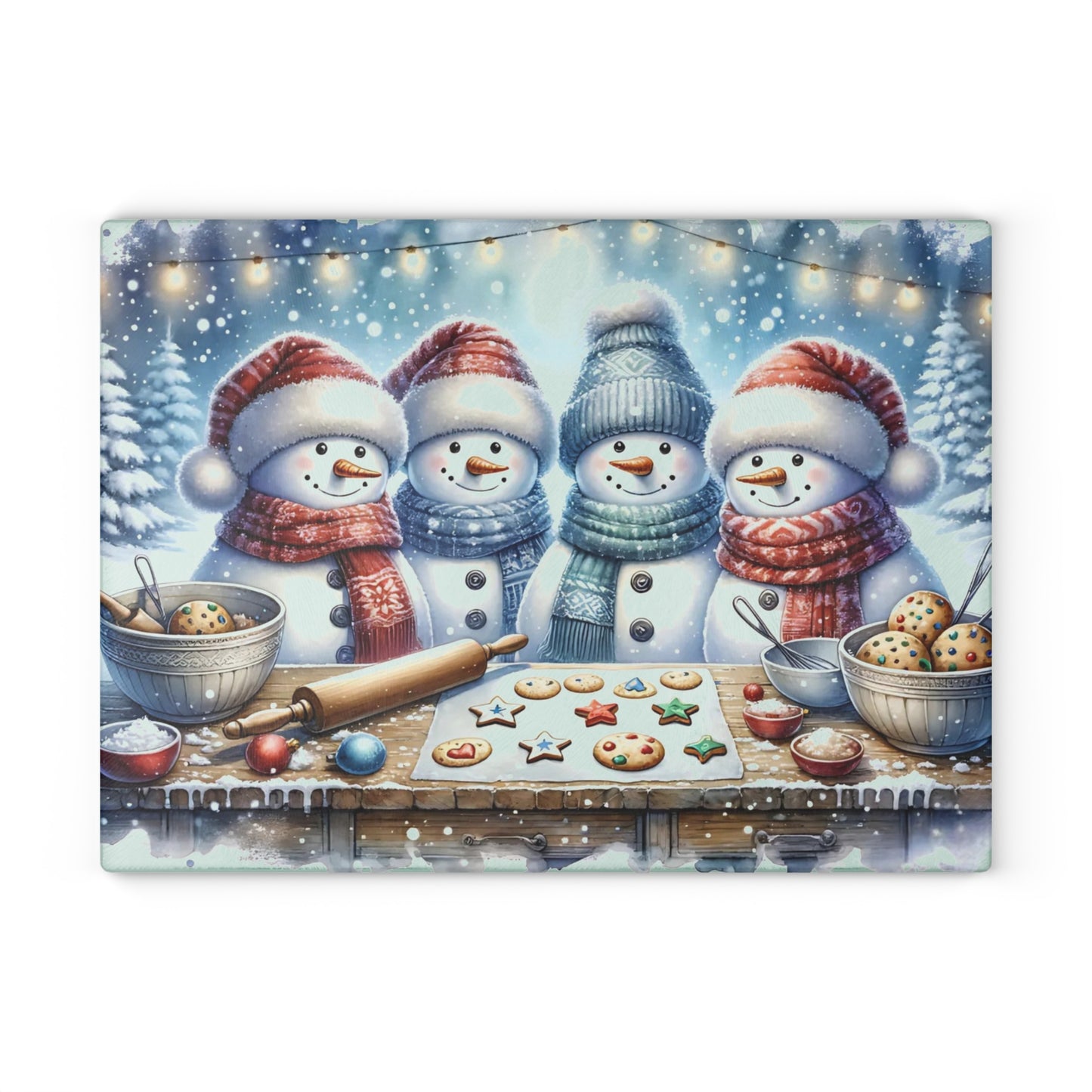 ⛄️🍪 “Snowman Cookie Crew” Glass Cutting Board – Cozy Charm for Your Kitchen