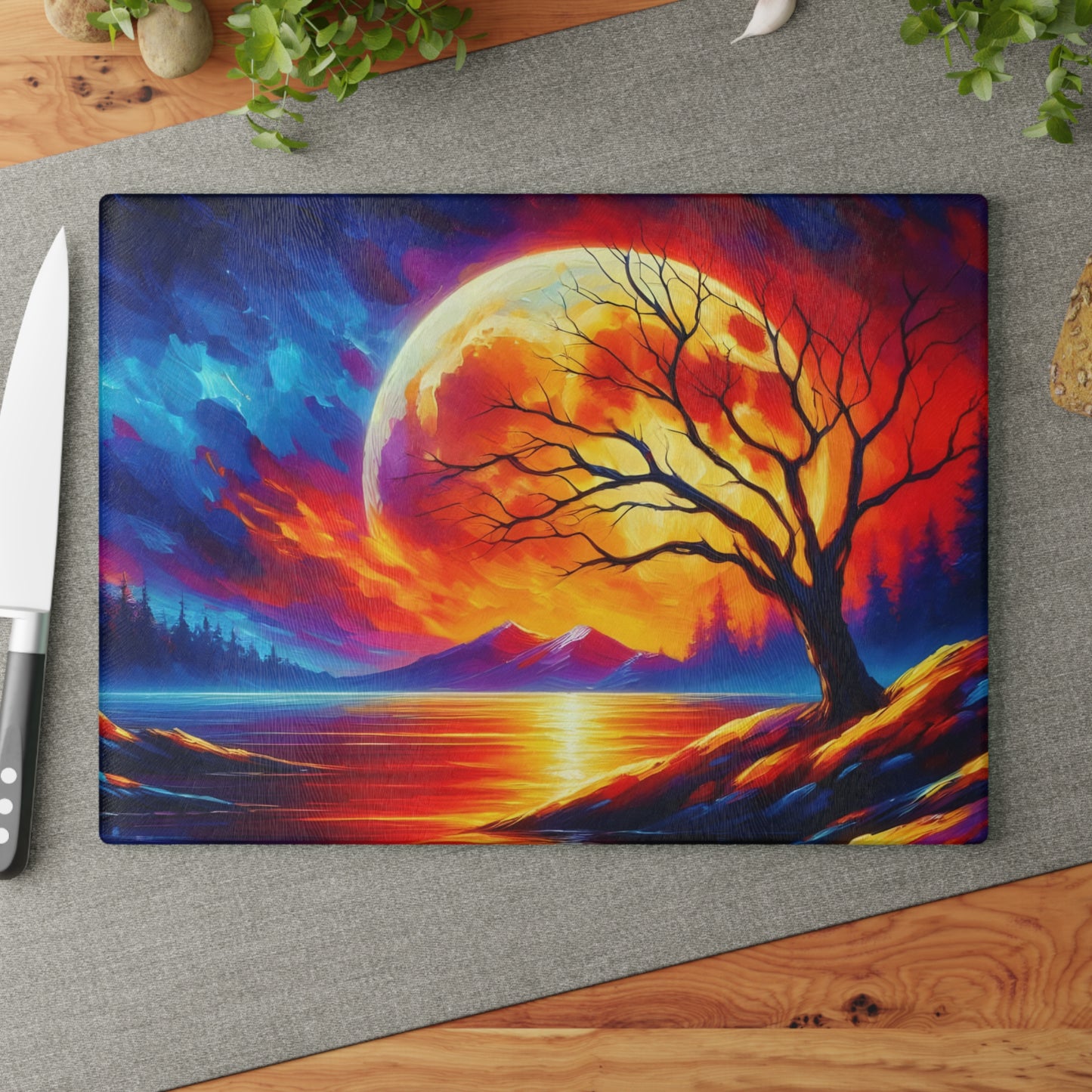 🌅🔥 Fiery Sunset Reflection Cutting Board – Vibrant Tree Silhouette Art 🔥🌅