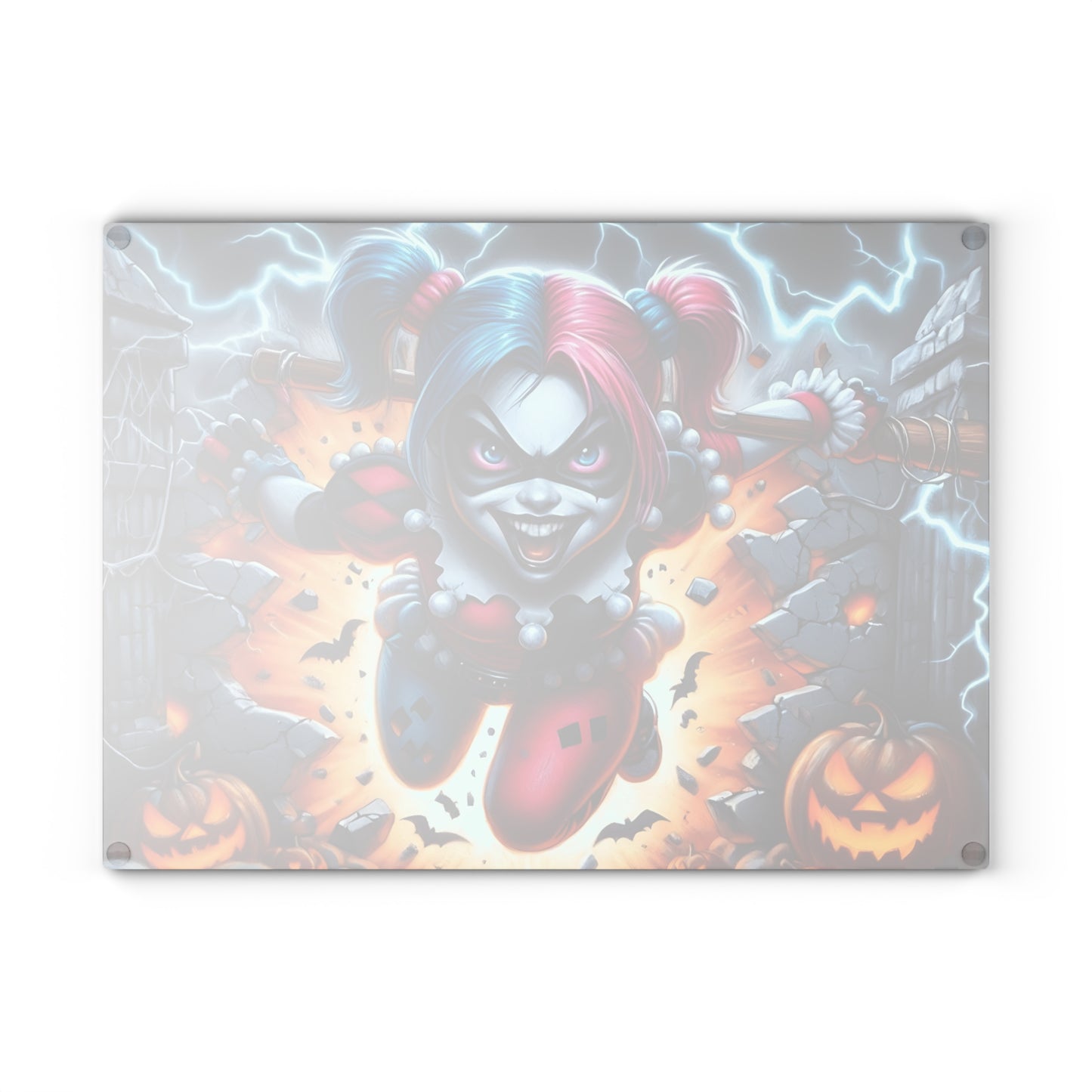 🎃 Mad Clown Girl Cutting Board – Explosive Halloween Chaos with Lightning, Jack-O'-Lanterns & Mischief 💥🃏
