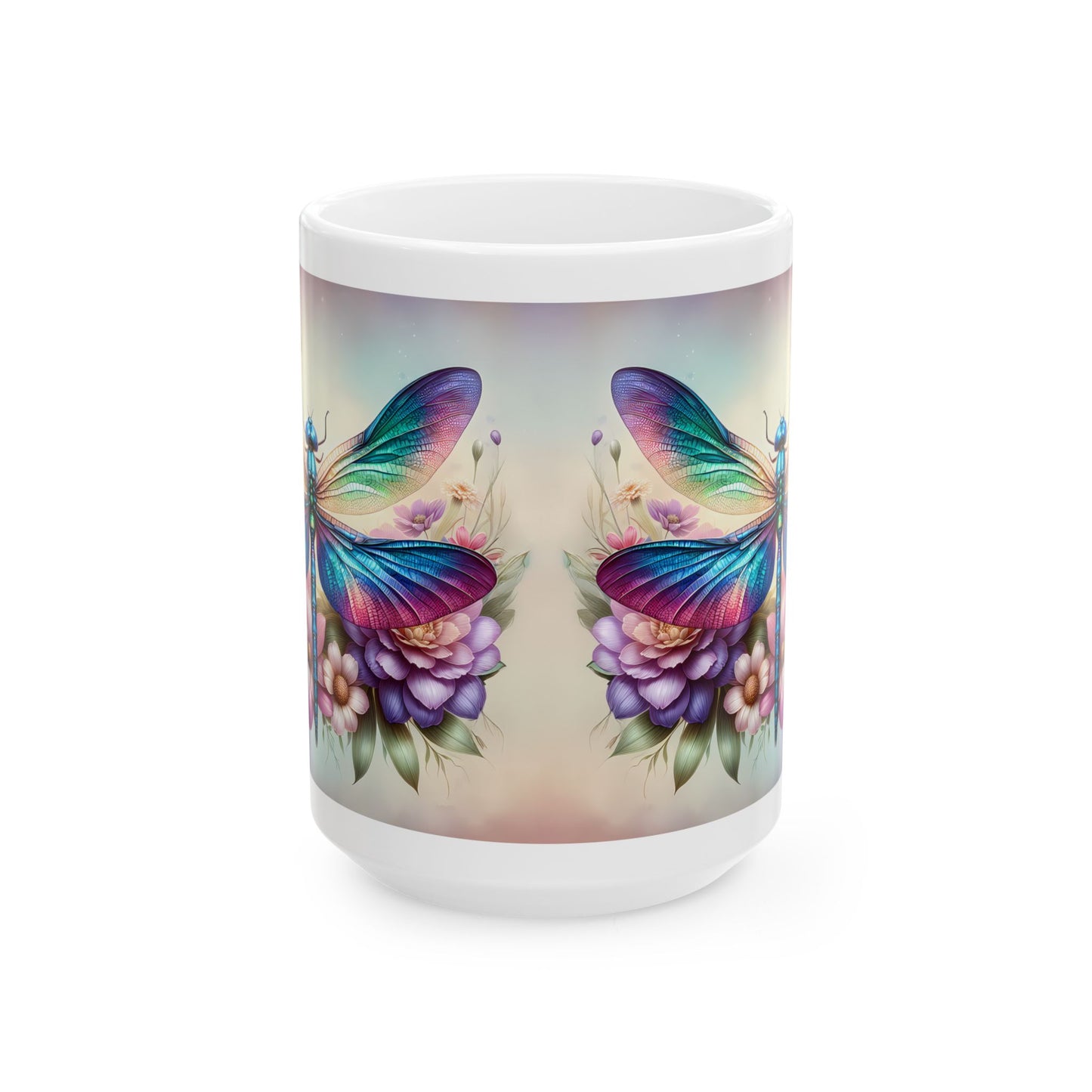 🌸 Vivid Garden Bloom – Envoltorio para taza de café con libélula arcoíris ☕
