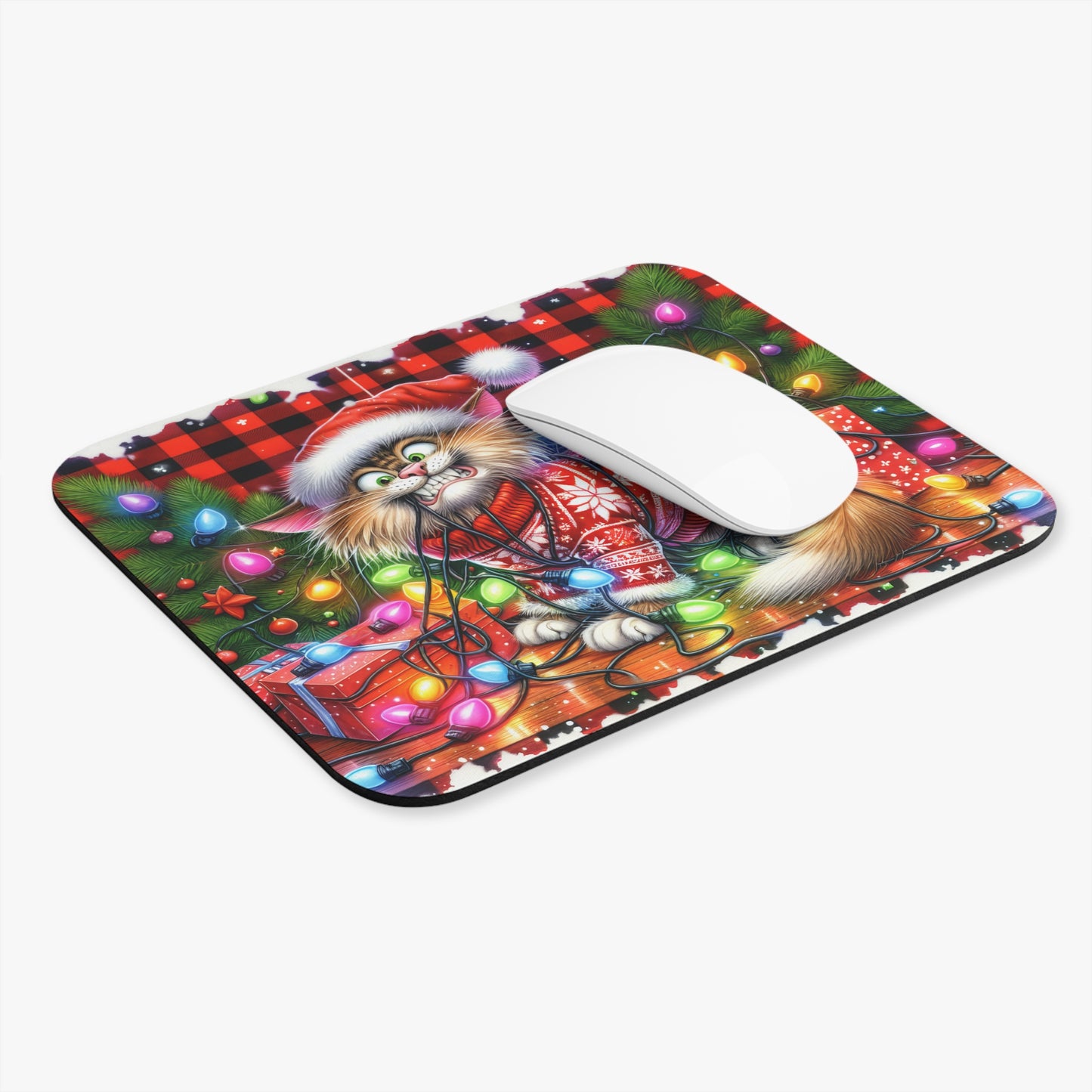 🖱️🎄🐱 Tangled Lights Christmas Cat Mouse Pad – Festive Plaid & Cozy Chaos