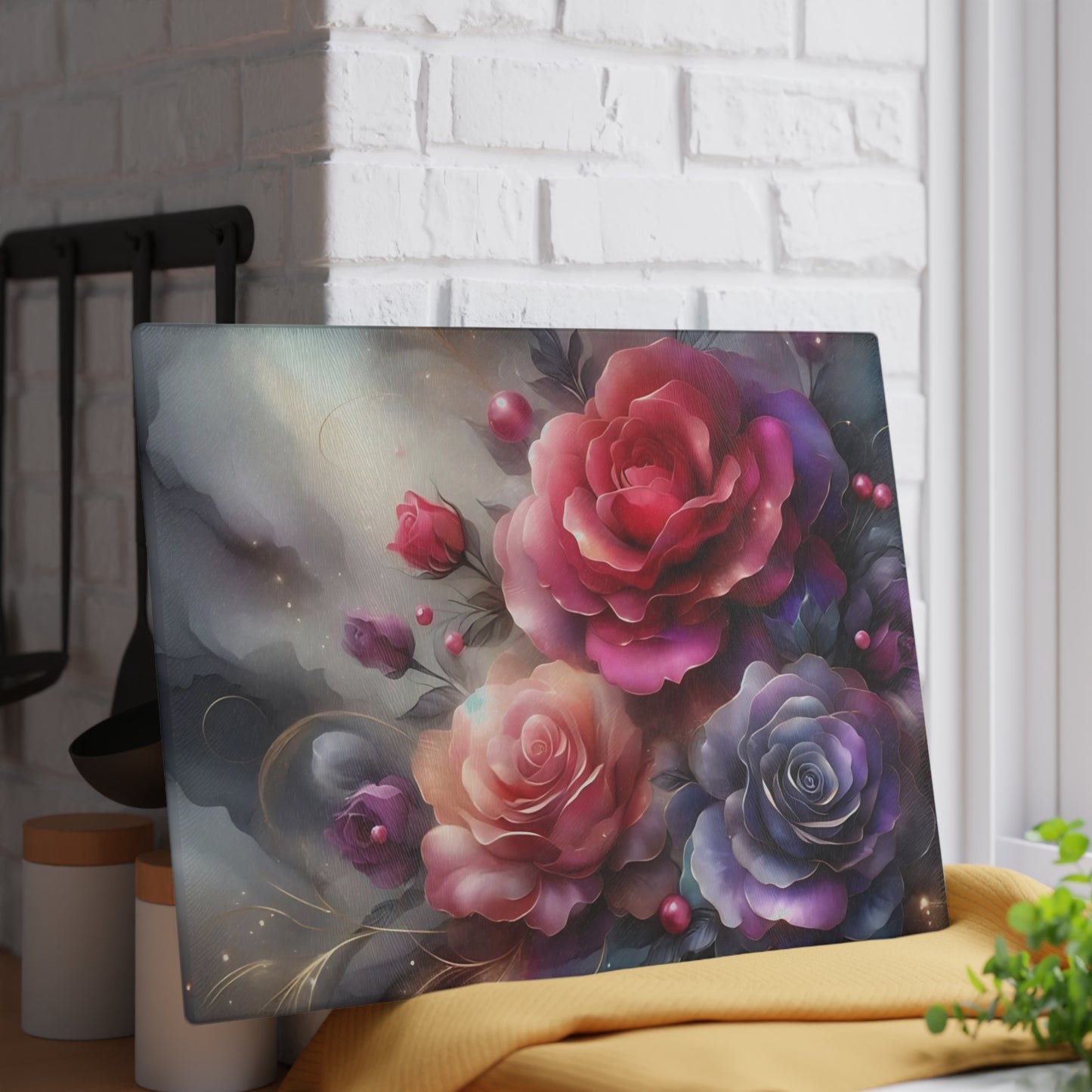 Tabla de cortar de vidrio templado con rosas elegantes: decoración floral para la cocina, regalo único, tabla de cortar de vidrio, tabla para charcutería, tabla de cortar personalizada, flores