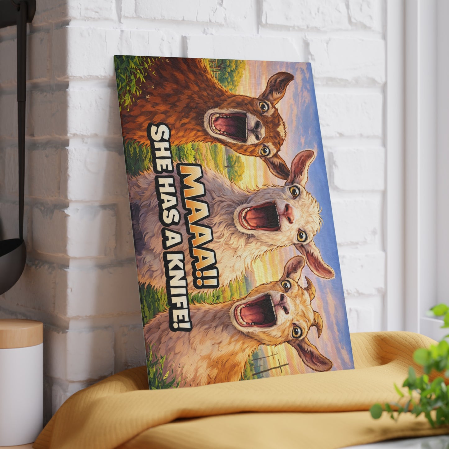 Maaa! She Has a Knife Glass Cutting Board – Funny Goat Farm Kitchen Art Display
