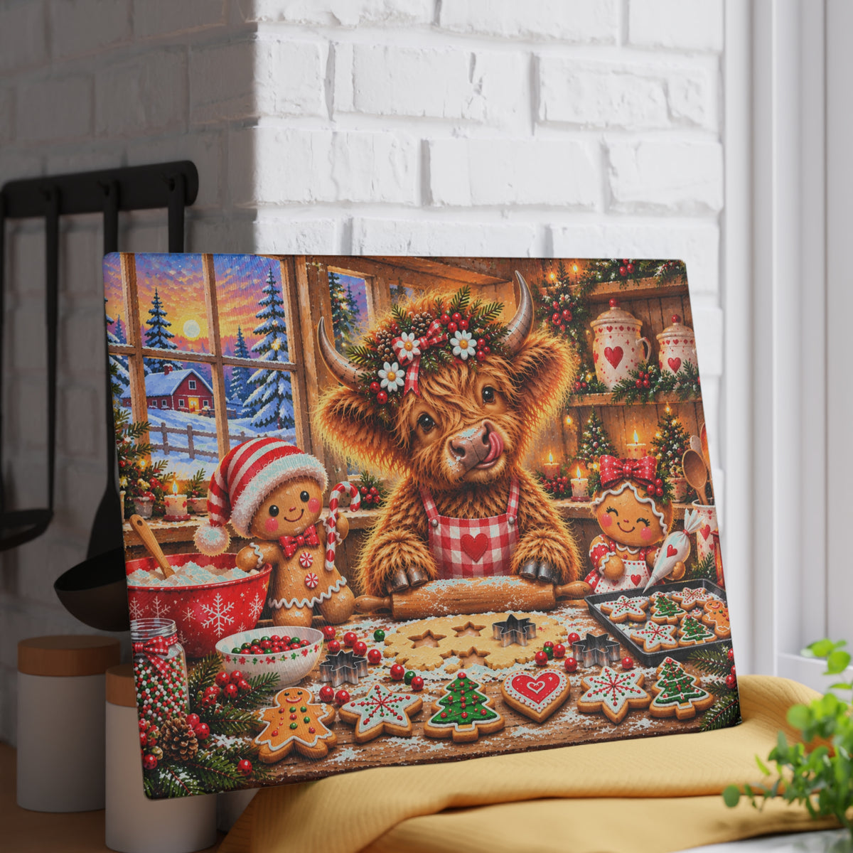 Christmas Highland Cow Baking Cookies Tempered Glass Cutting Board – Gingerbread Farmhouse Christmas – 11 × 15 Inches