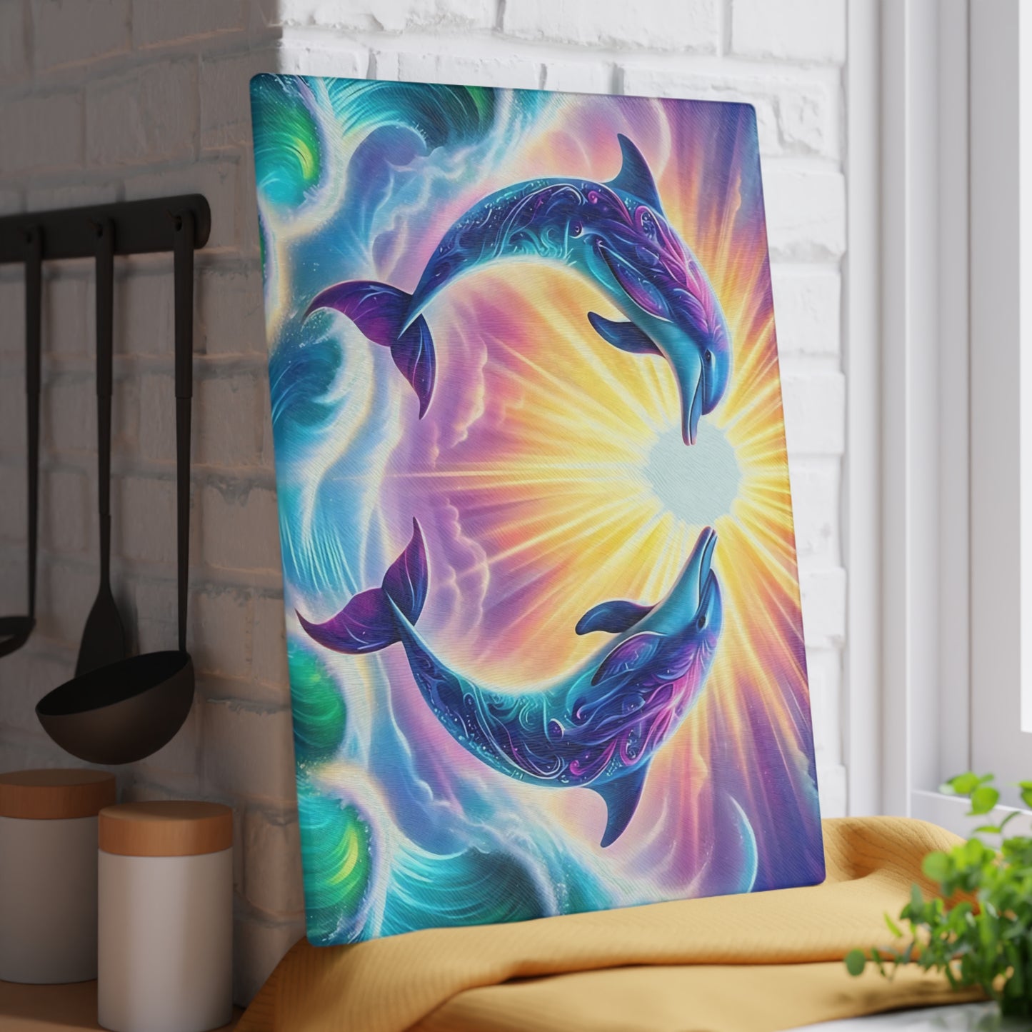 Personalized Dolphin Glass Cutting Board – Vibrant Ocean Decor, Custom Beach House Gift, Marine Life Charcuterie Board