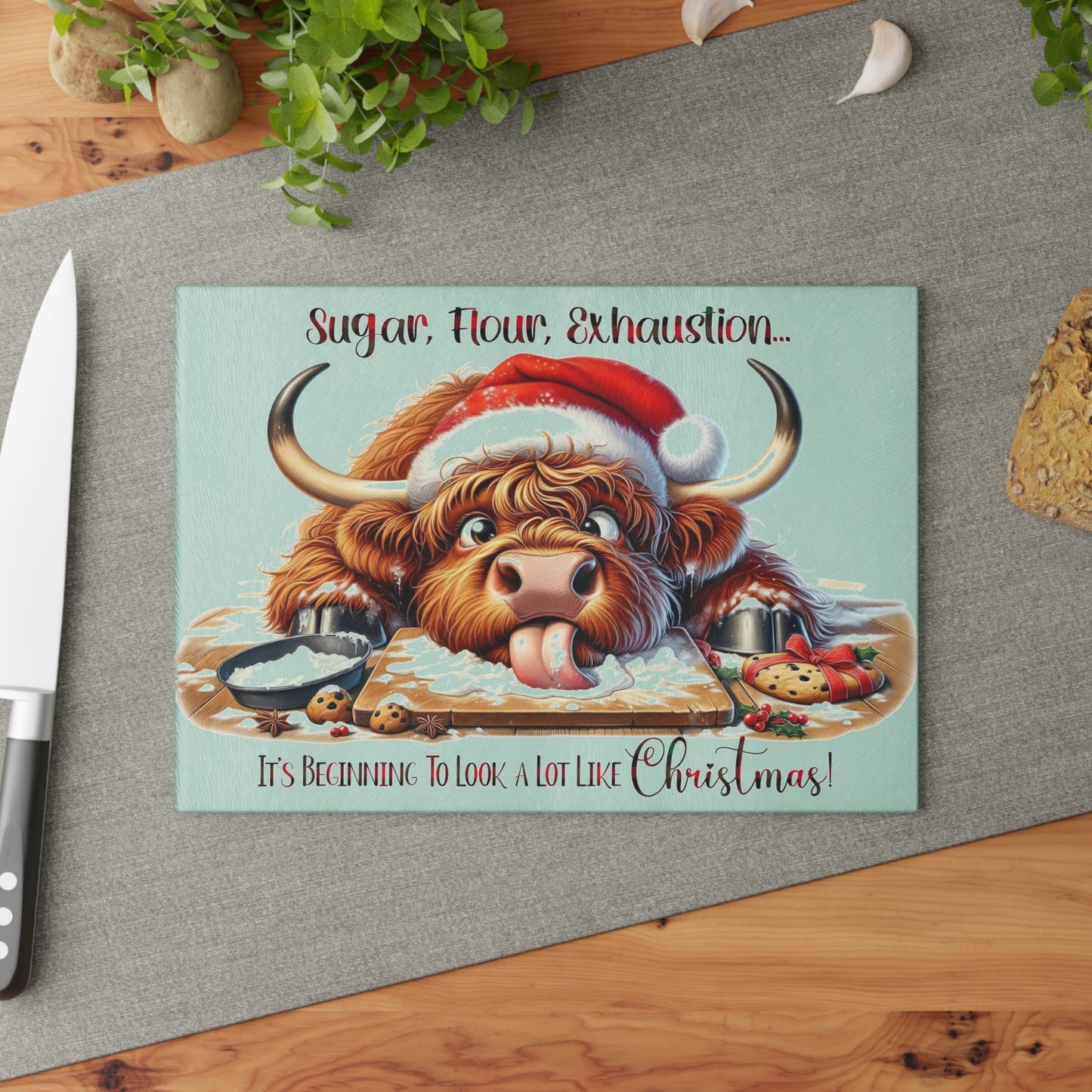 🤣🐮 “Sugar, Flour, Exhaustion” Highland Cow – Funny Christmas Baking Cutting Board 🎄✨