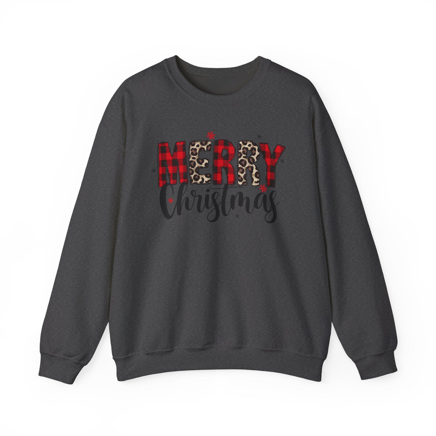 🎄🖤 Merry Christmas Buffalo Plaid & Leopard Crewneck – Cozy Unisex Holiday Pullover