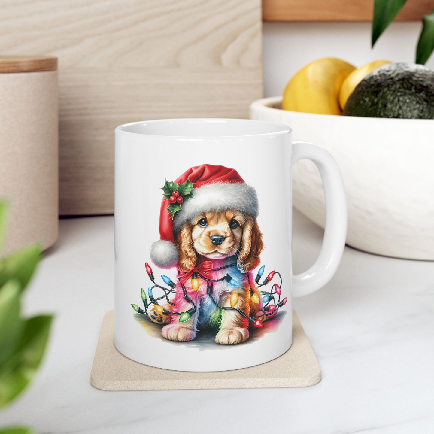🎁 Cocker Spaniel Christmas Lights Mug – Sweet Holiday Cheer with a Bow 🎄🐶